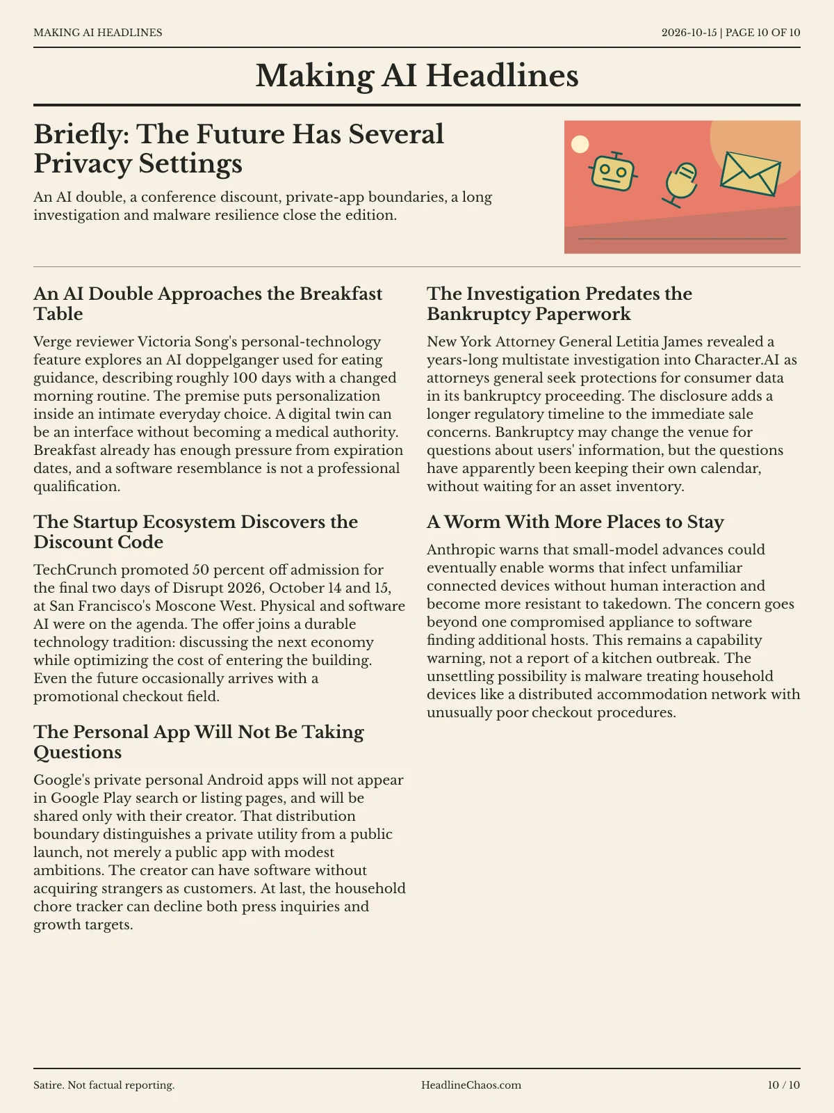 Making AI Headlines newspaper, page 10: Briefly: The Future Has Several Privacy Settings