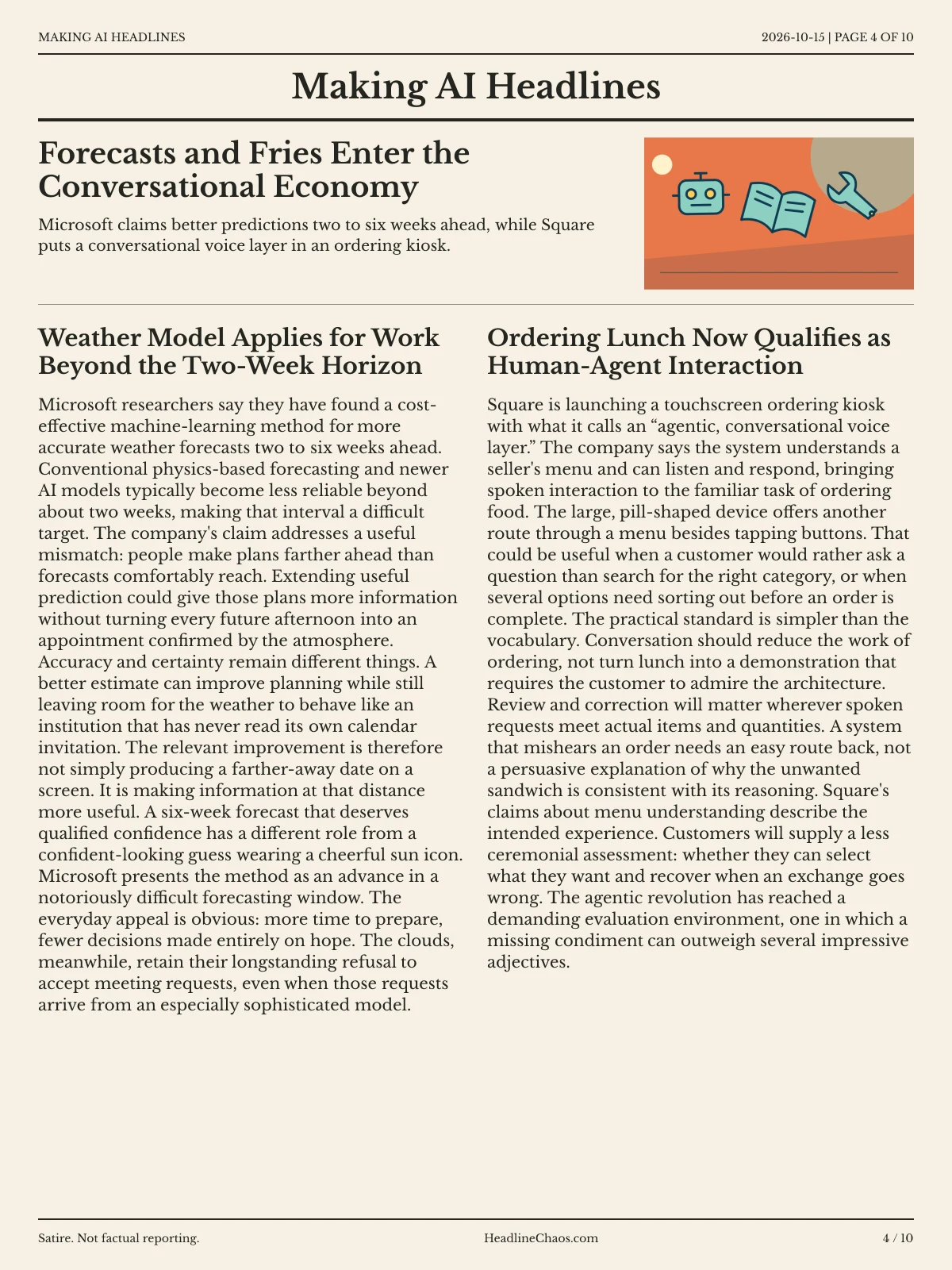 Making AI Headlines newspaper, page 4: Forecasts and Fries Enter the Conversational Economy