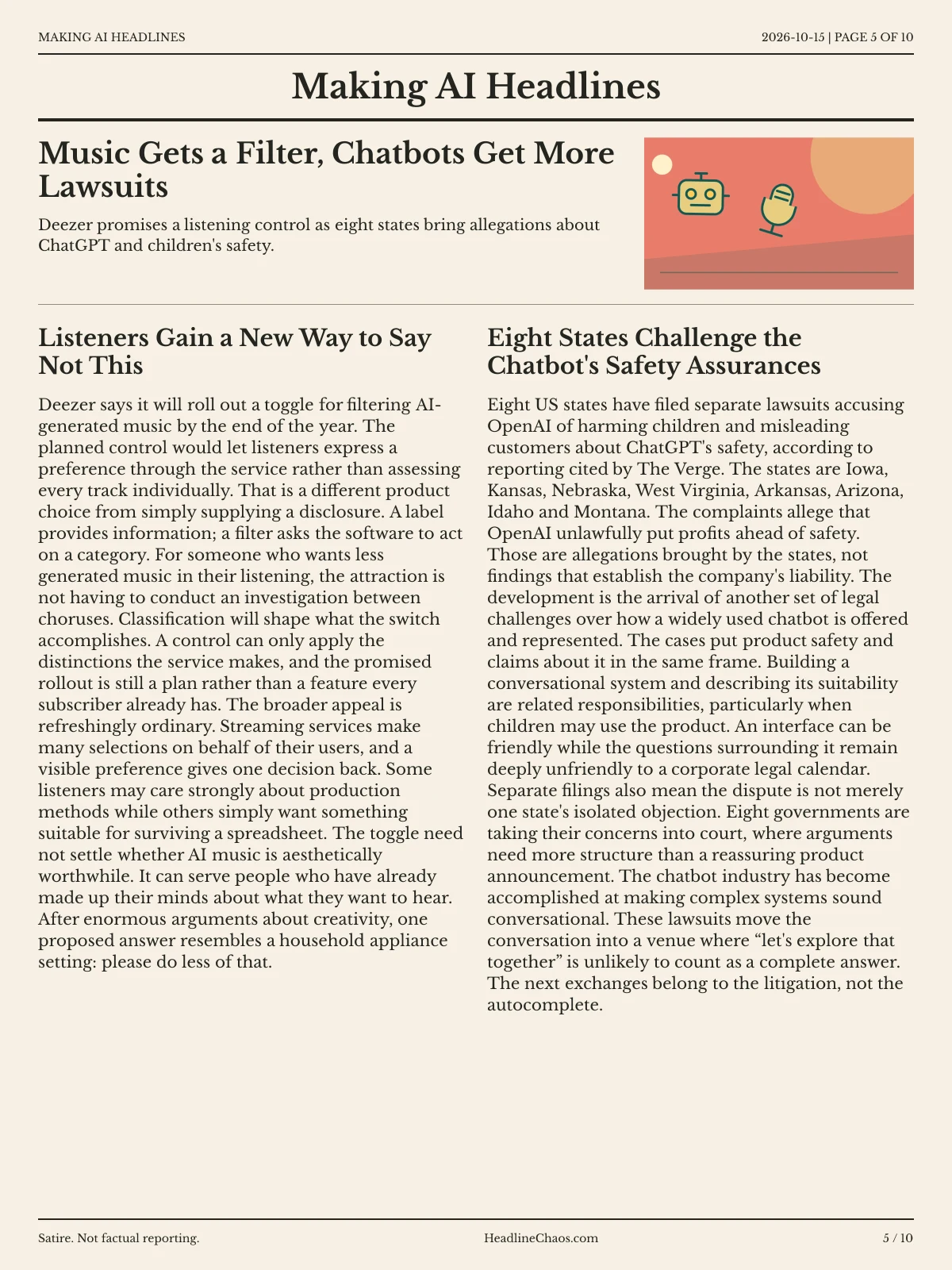 Making AI Headlines newspaper, page 5: Music Gets a Filter, Chatbots Get More Lawsuits