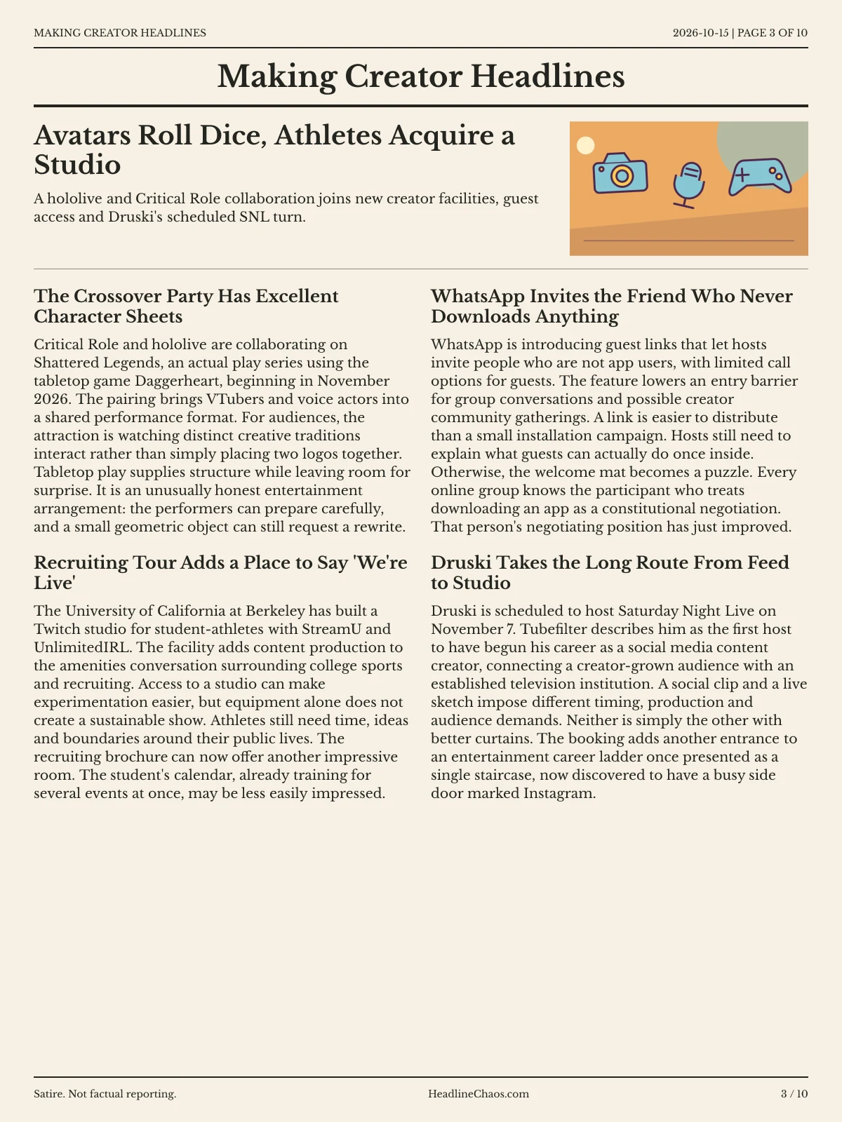 Making Creator Headlines newspaper, page 3: Avatars Roll Dice, Athletes Acquire a Studio