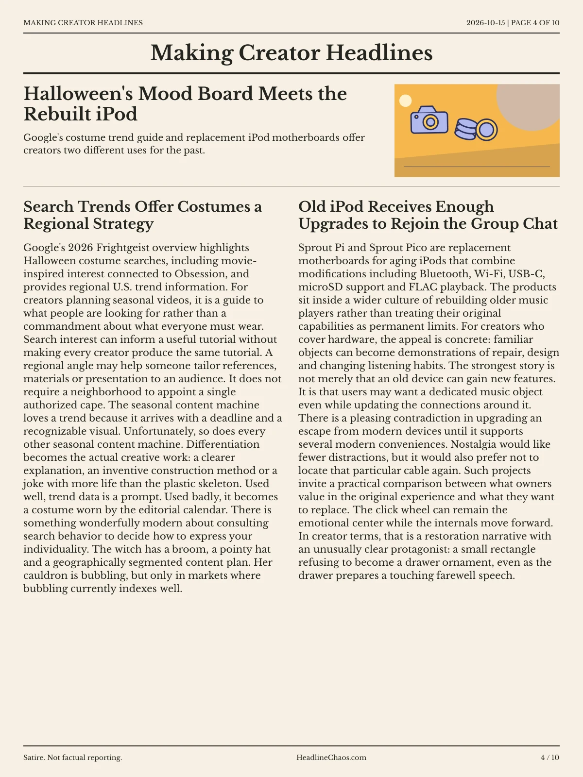 Making Creator Headlines newspaper, page 4: Halloween's Mood Board Meets the Rebuilt iPod