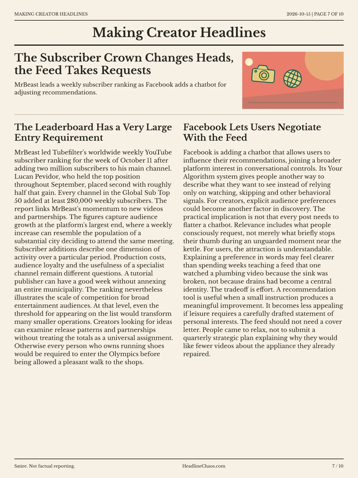 Making Creator Headlines newspaper, page 7: The Subscriber Crown Changes Heads, the Feed Takes Requests