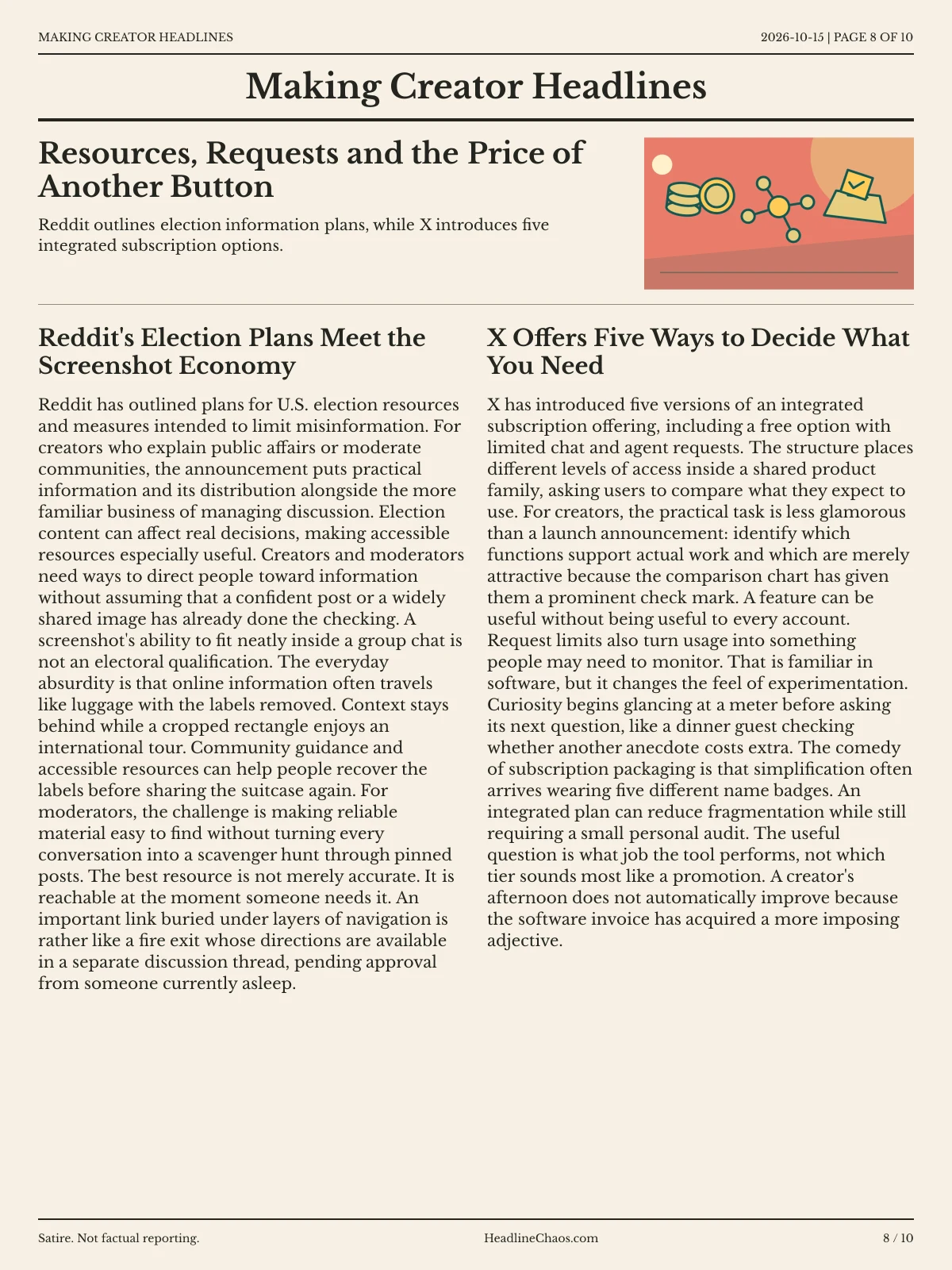 Making Creator Headlines newspaper, page 8: Resources, Requests and the Price of Another Button