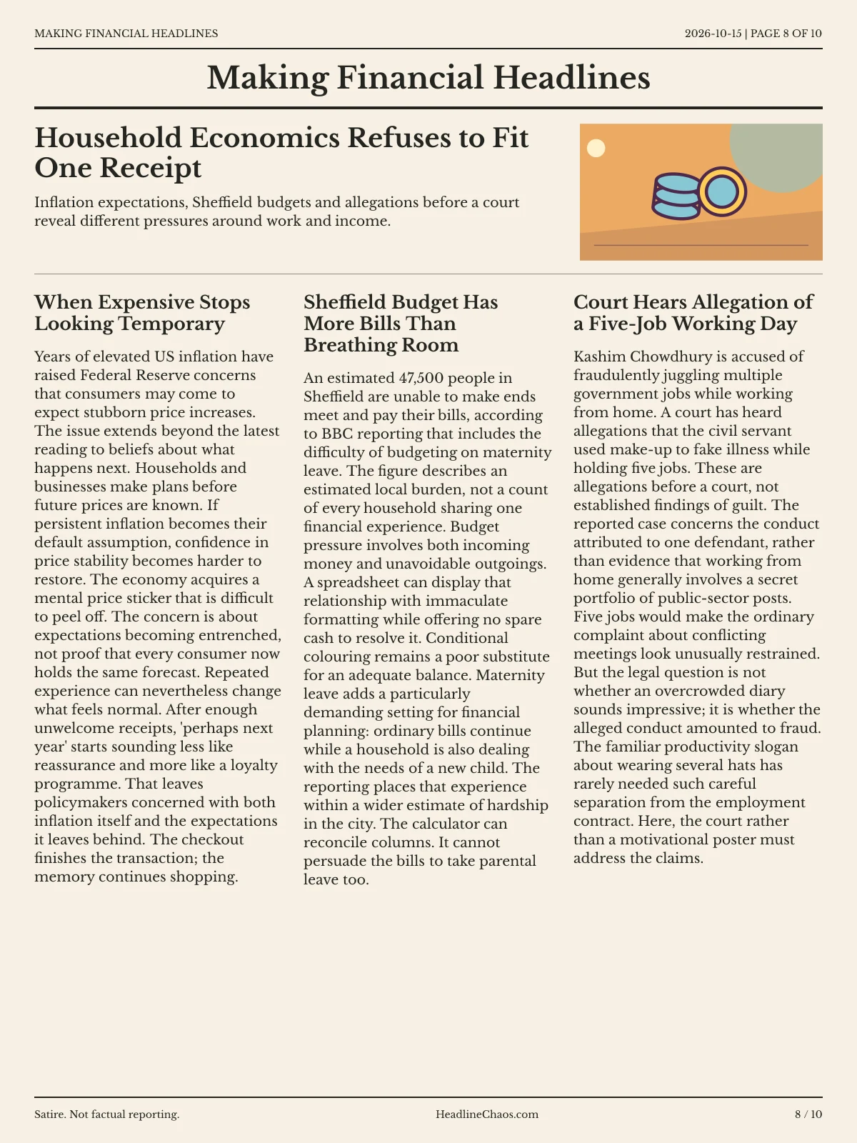 Making Financial Headlines newspaper, page 8: Household Economics Refuses to Fit One Receipt