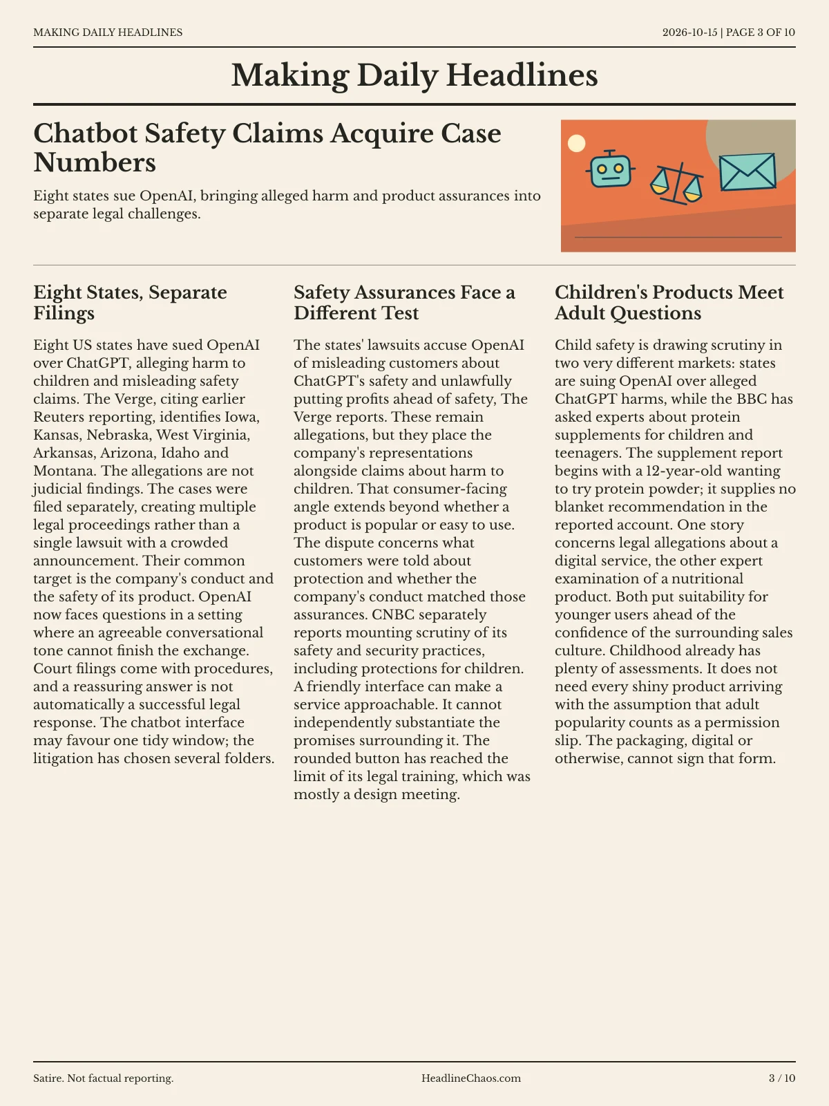 Making Daily Headlines newspaper, page 3: Chatbot Safety Claims Acquire Case Numbers