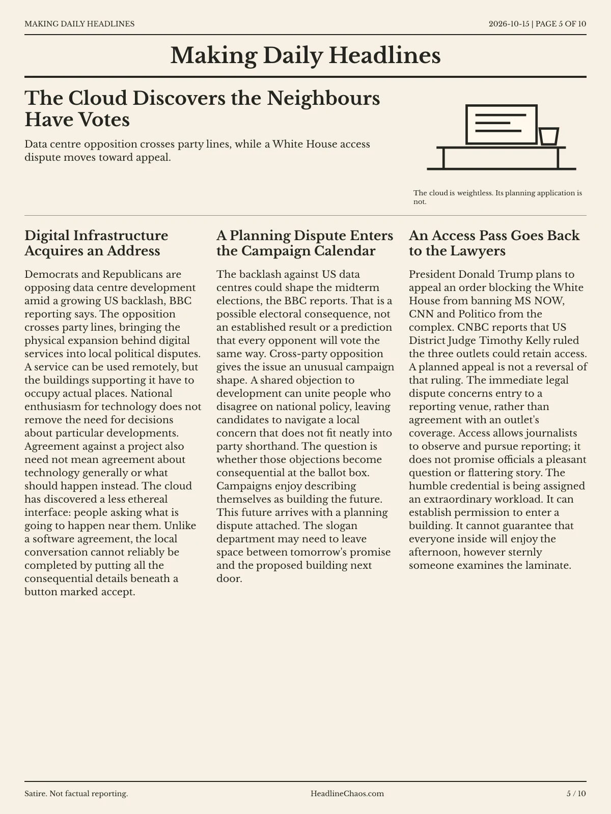 Making Daily Headlines newspaper, page 5: The Cloud Discovers the Neighbours Have Votes