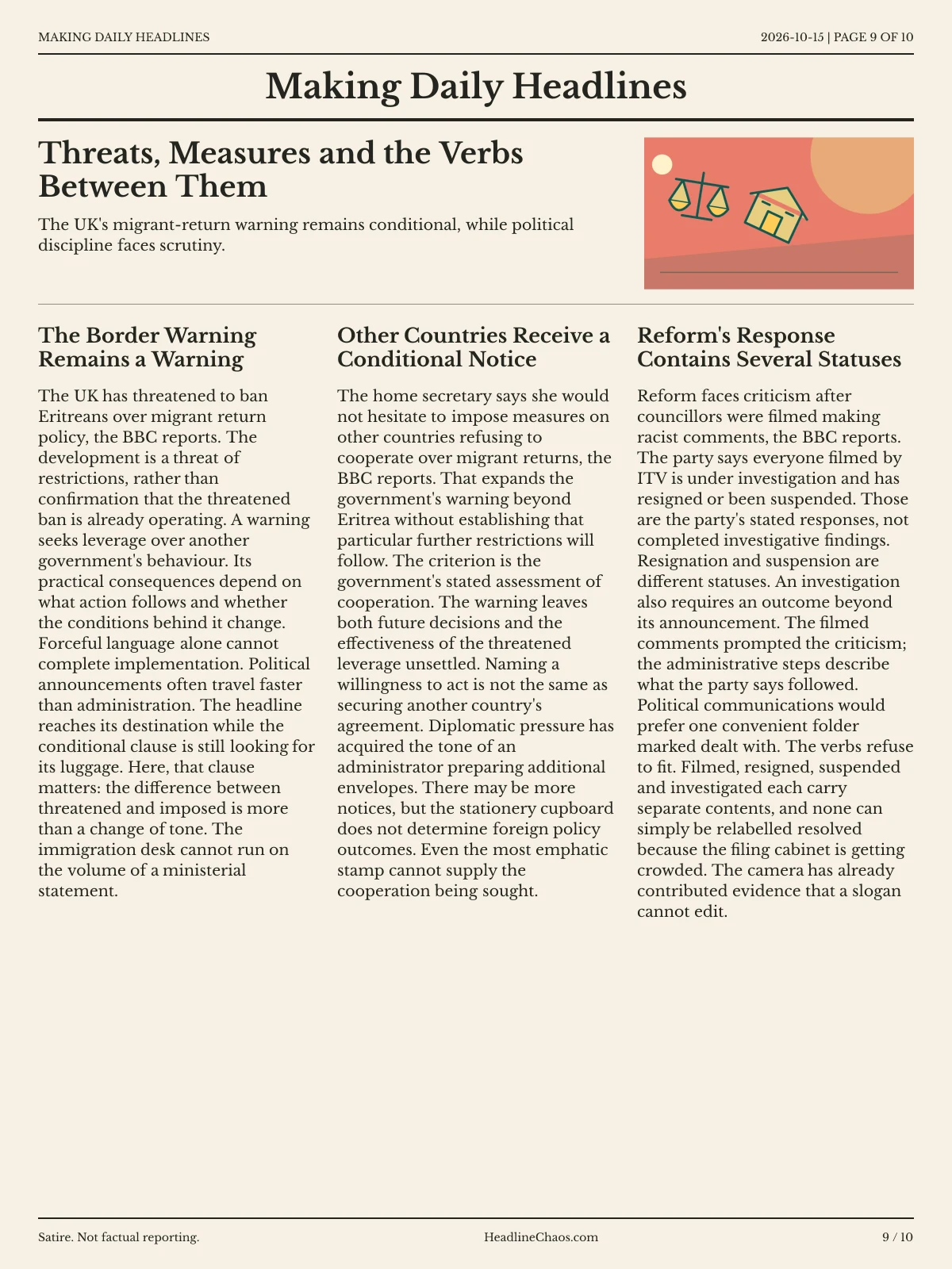 Making Daily Headlines newspaper, page 9: Threats, Measures and the Verbs Between Them