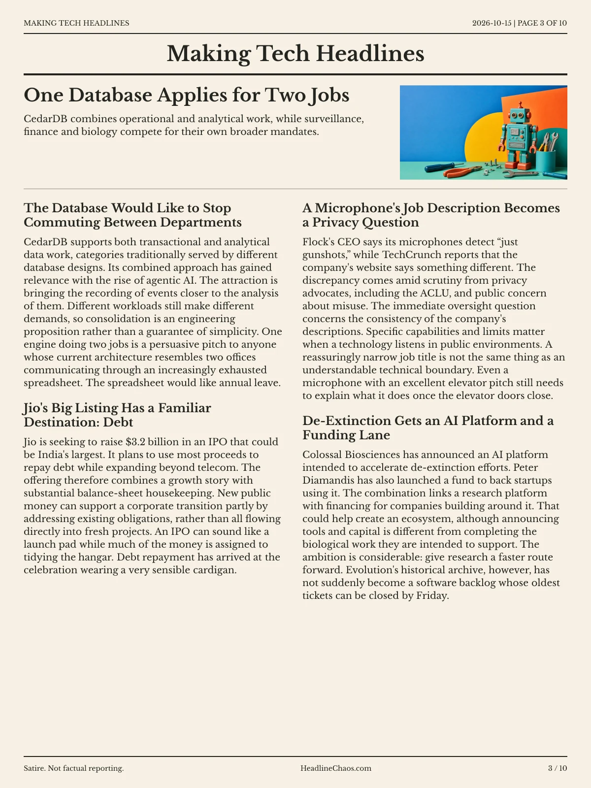 Making Tech Headlines newspaper, page 3: One Database Applies for Two Jobs