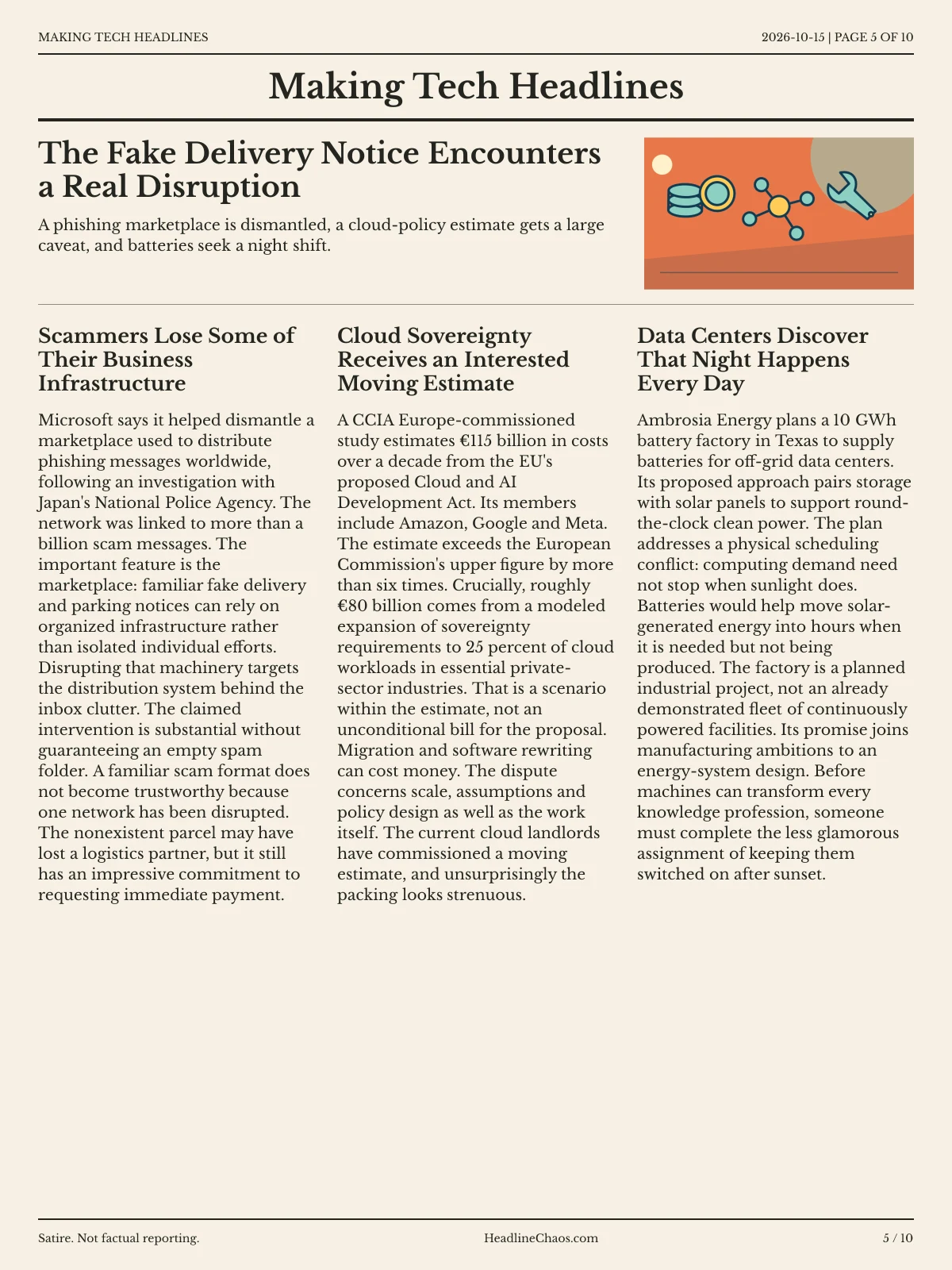 Making Tech Headlines newspaper, page 5: The Fake Delivery Notice Encounters a Real Disruption