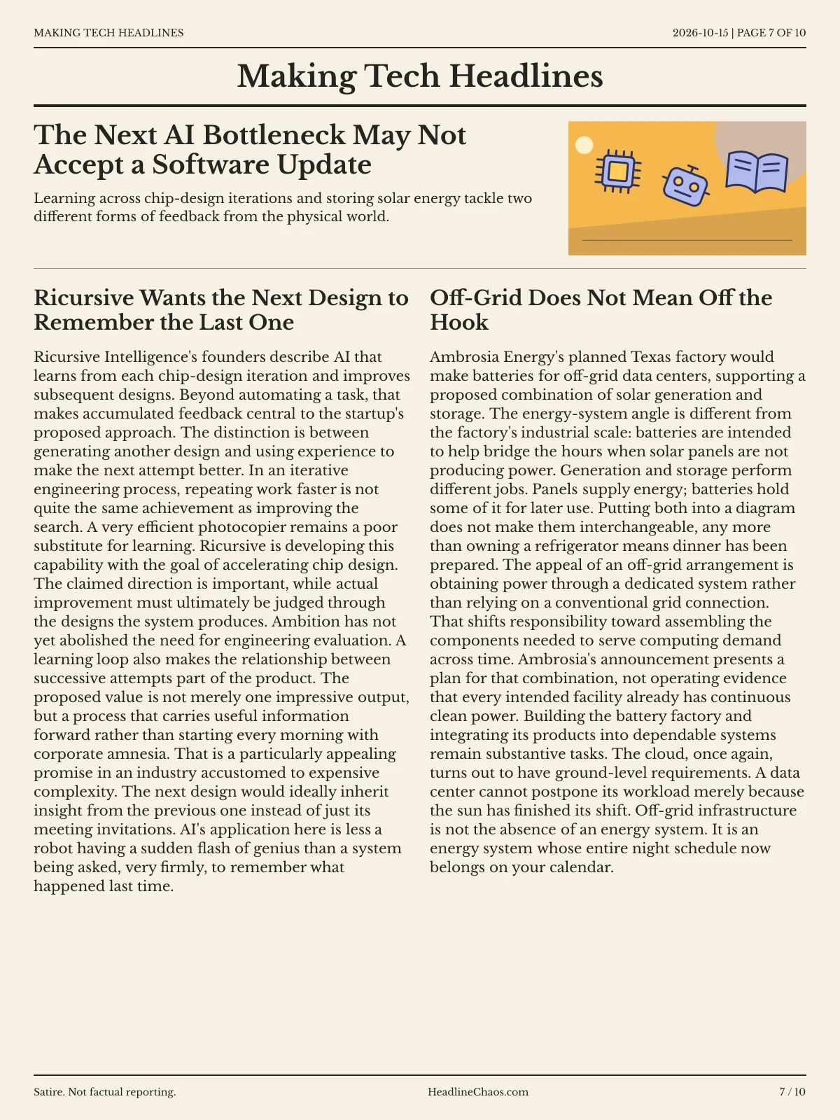 Making Tech Headlines newspaper, page 7: The Next AI Bottleneck May Not Accept a Software Update