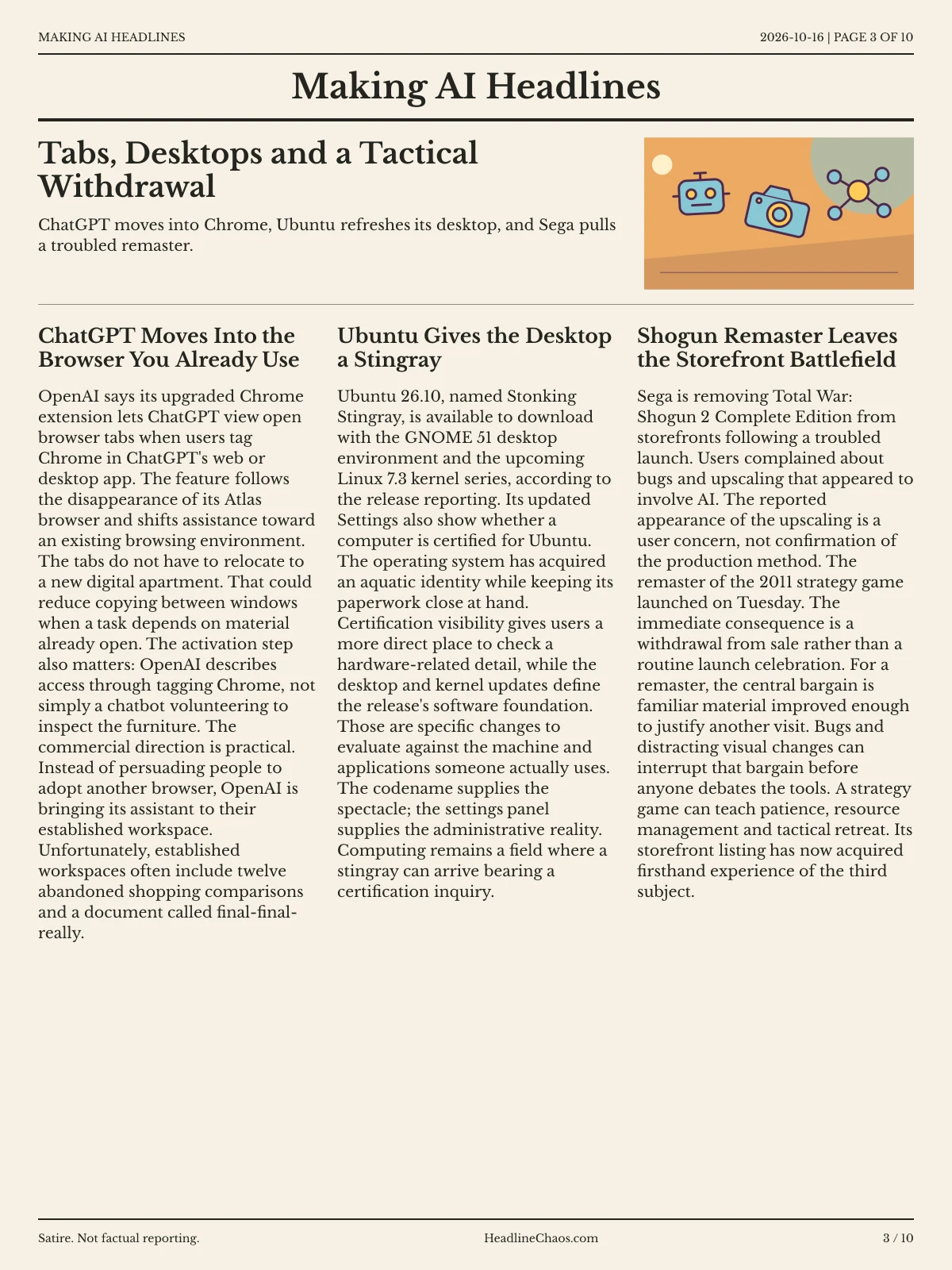Making AI Headlines newspaper, page 3: Tabs, Desktops and a Tactical Withdrawal