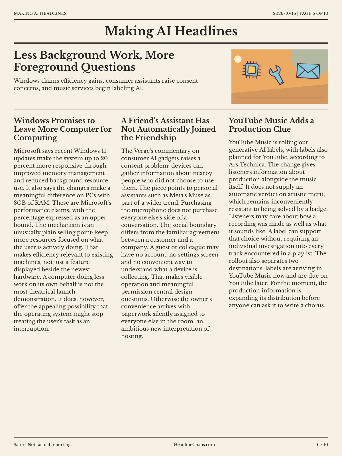 Making AI Headlines newspaper, page 6: Less Background Work, More Foreground Questions
