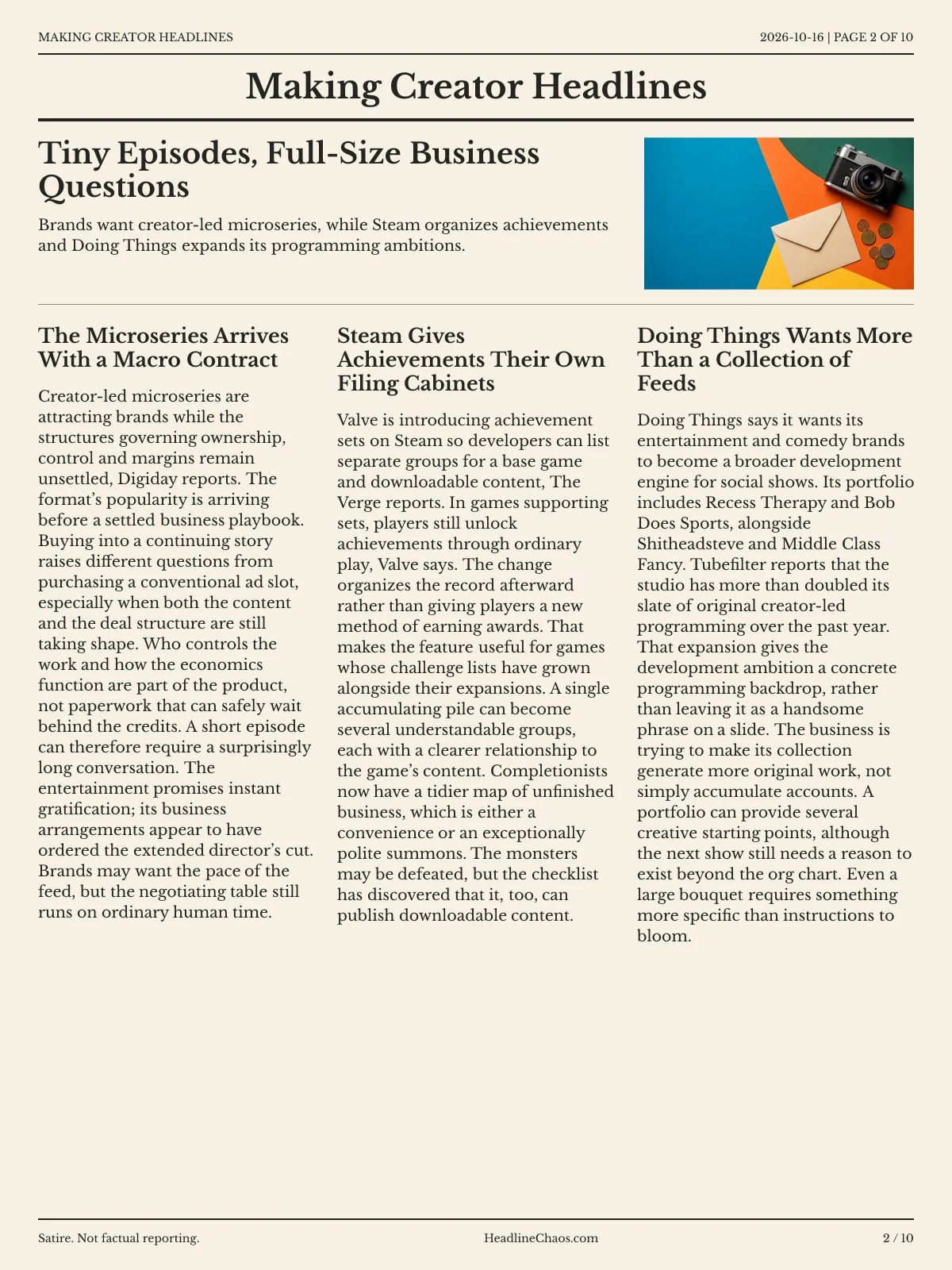 Making Creator Headlines newspaper, page 2: Tiny Episodes, Full-Size Business Questions