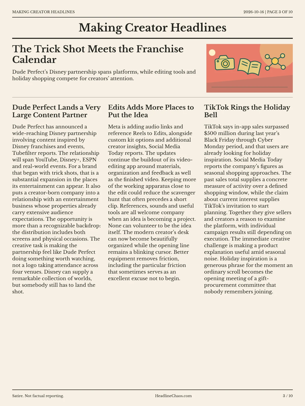 Making Creator Headlines newspaper, page 3: The Trick Shot Meets the Franchise Calendar