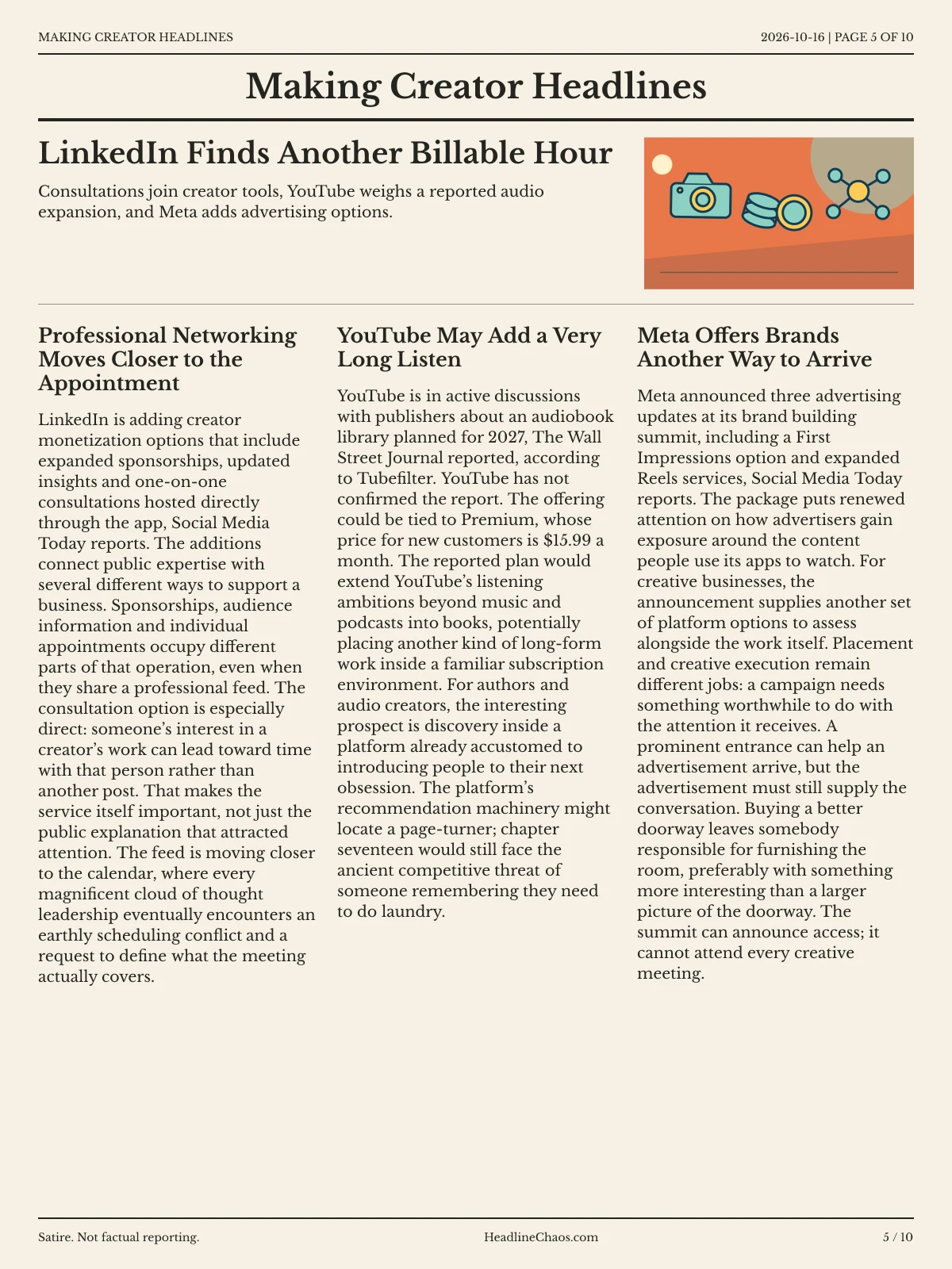Making Creator Headlines newspaper, page 5: LinkedIn Finds Another Billable Hour
