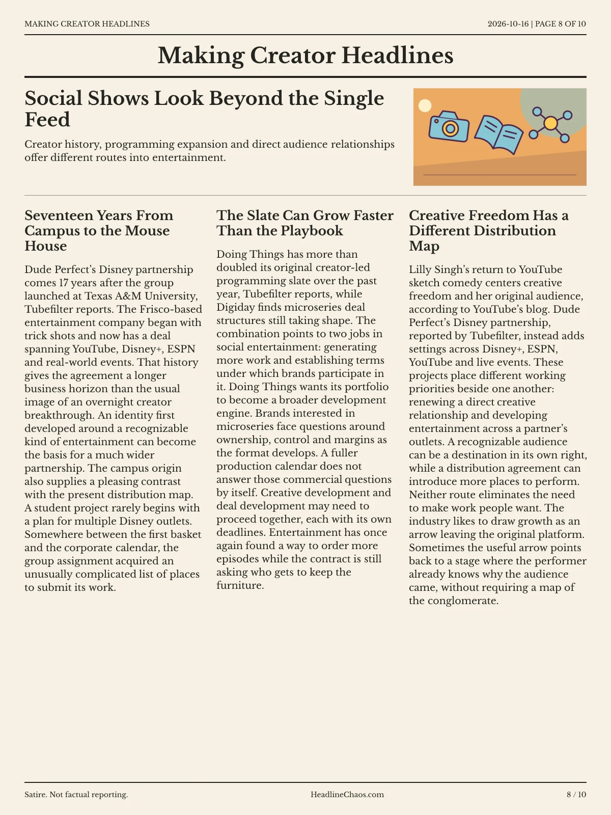 Making Creator Headlines newspaper, page 8: Social Shows Look Beyond the Single Feed
