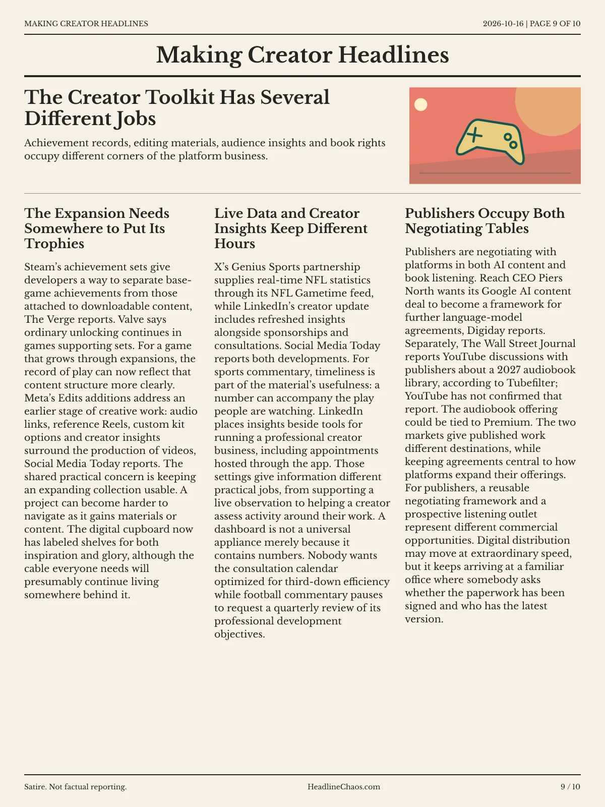 Making Creator Headlines newspaper, page 9: The Creator Toolkit Has Several Different Jobs