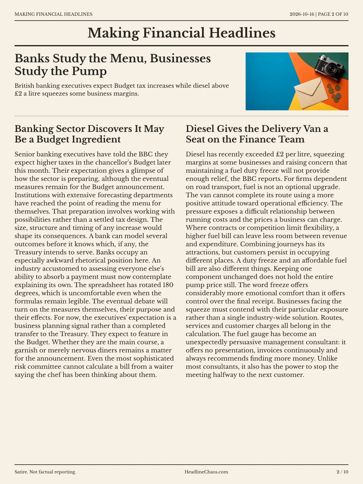 Making Financial Headlines newspaper, page 2: Banks Study the Menu, Businesses Study the Pump
