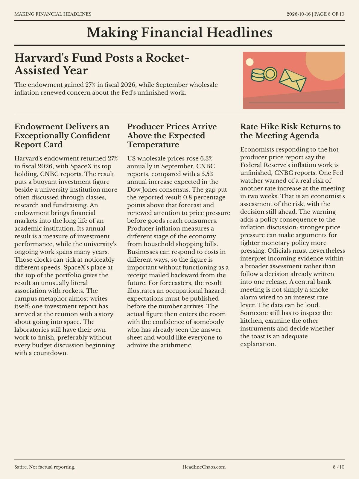 Making Financial Headlines newspaper, page 8: Harvard's Fund Posts a Rocket-Assisted Year