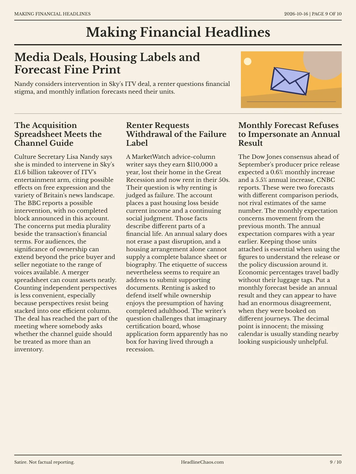 Making Financial Headlines newspaper, page 9: Media Deals, Housing Labels and Forecast Fine Print