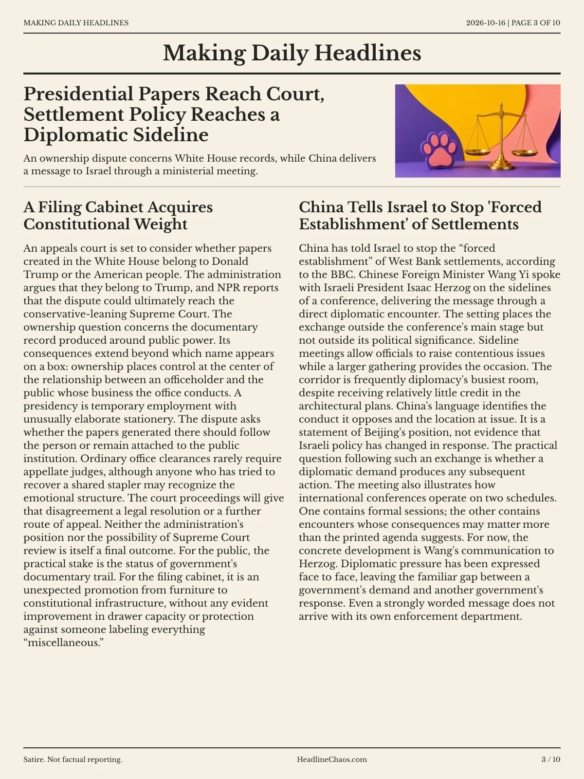 Making Daily Headlines newspaper, page 3: Presidential Papers Reach Court, Settlement Policy Reaches a Diplomatic Sideline