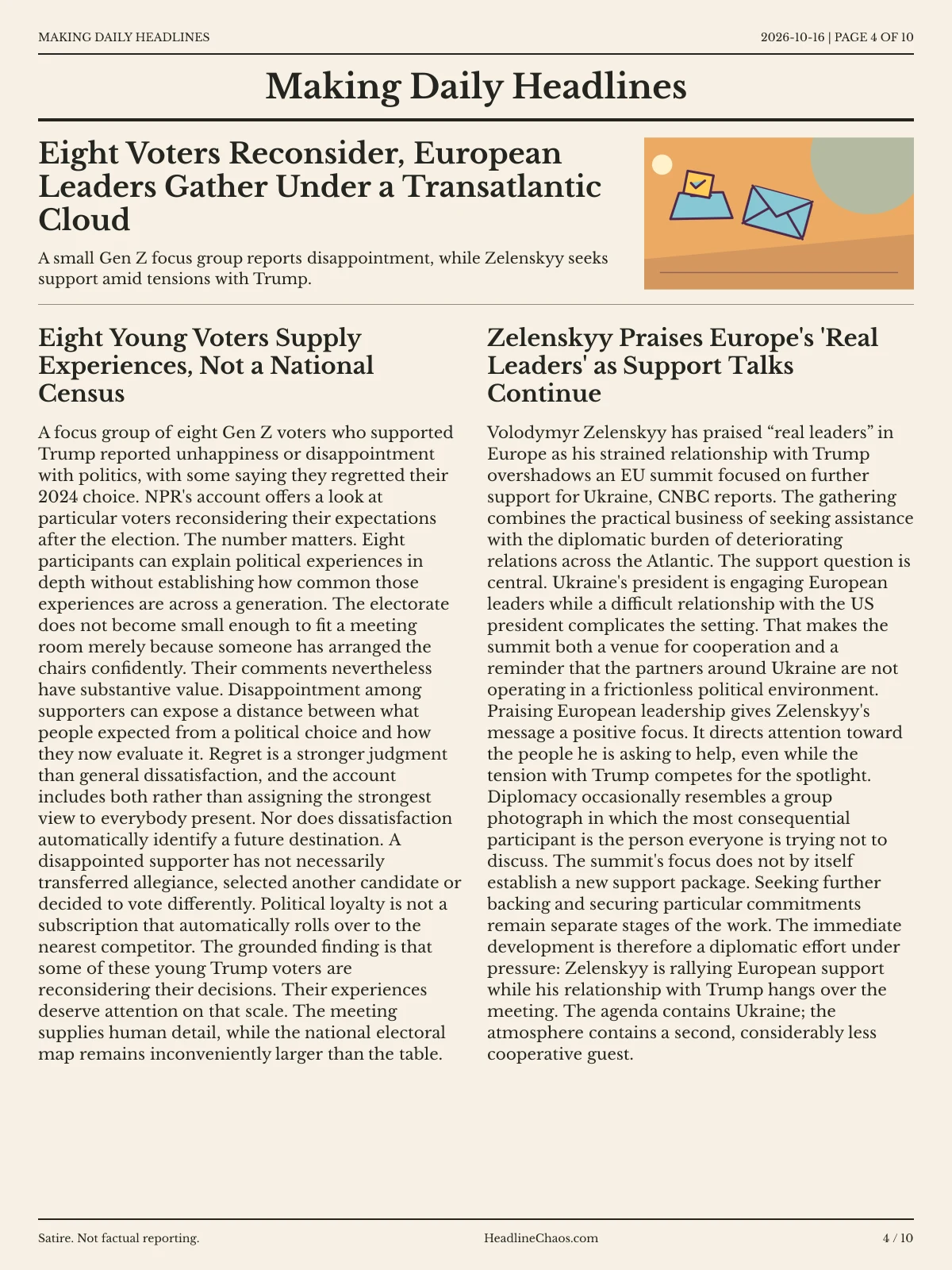 Making Daily Headlines newspaper, page 4: Eight Voters Reconsider, European Leaders Gather Under a Transatlantic Cloud