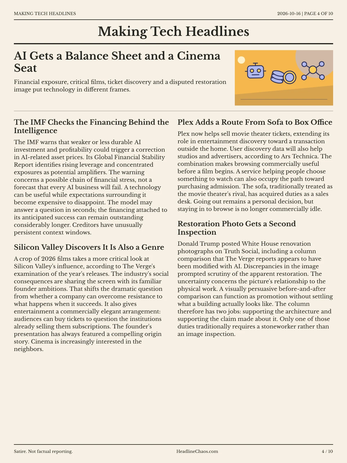 Making Tech Headlines newspaper, page 4: AI Gets a Balance Sheet and a Cinema Seat