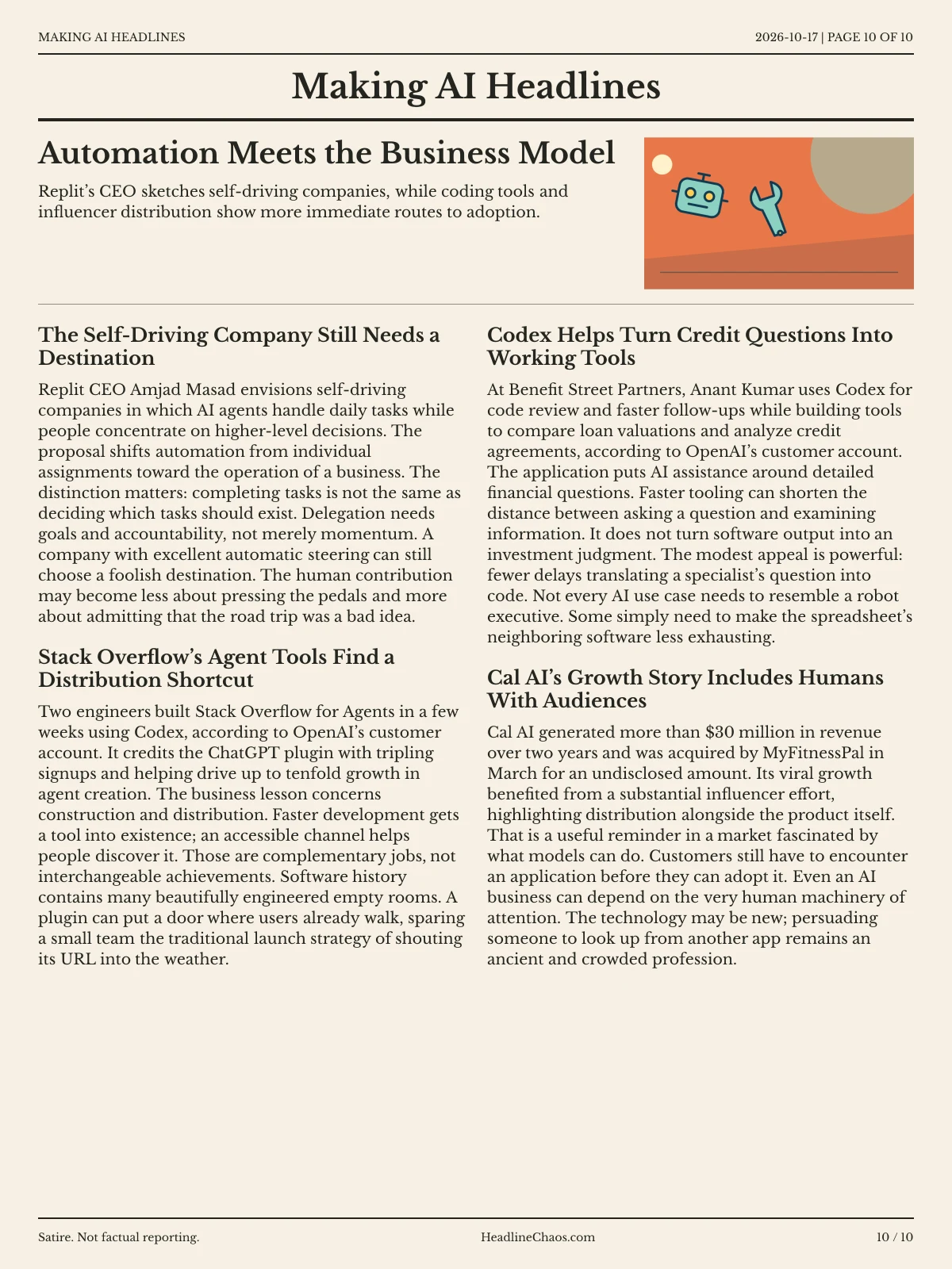 Making AI Headlines newspaper, page 10: Automation Meets the Business Model