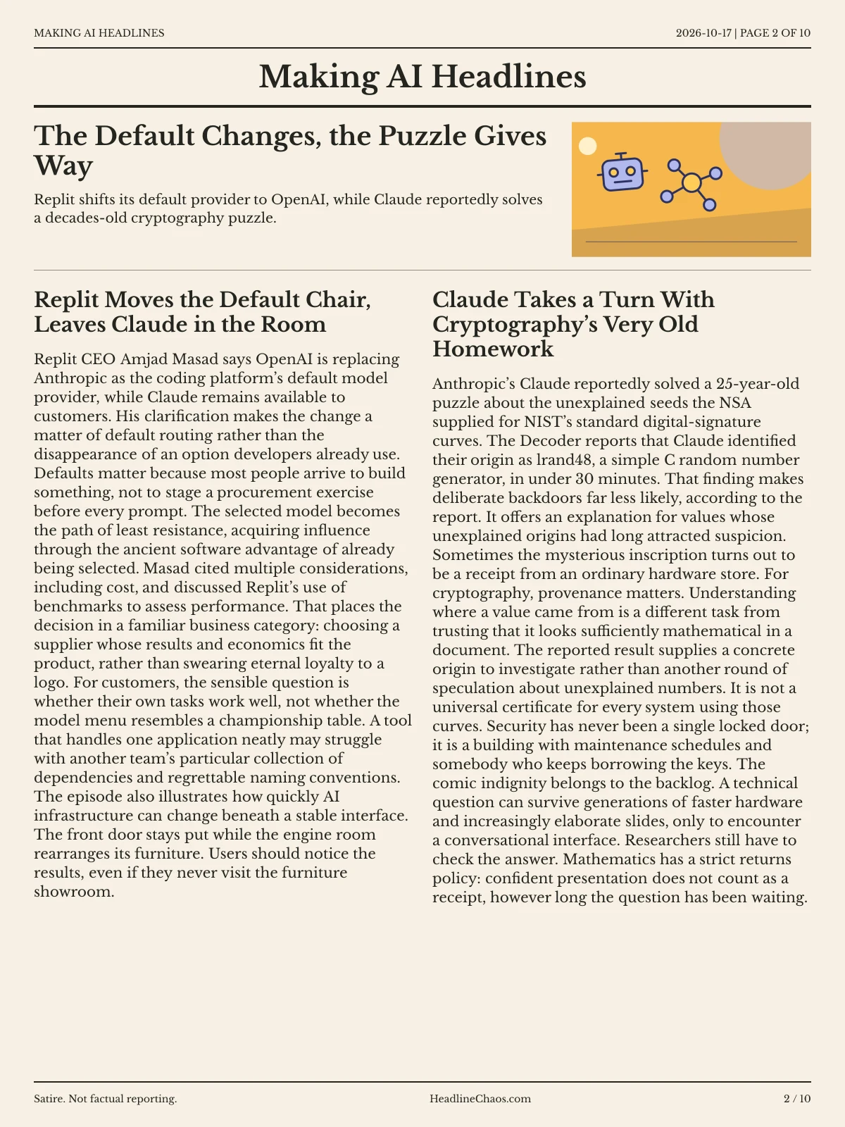 Making AI Headlines newspaper, page 2: The Default Changes, the Puzzle Gives Way
