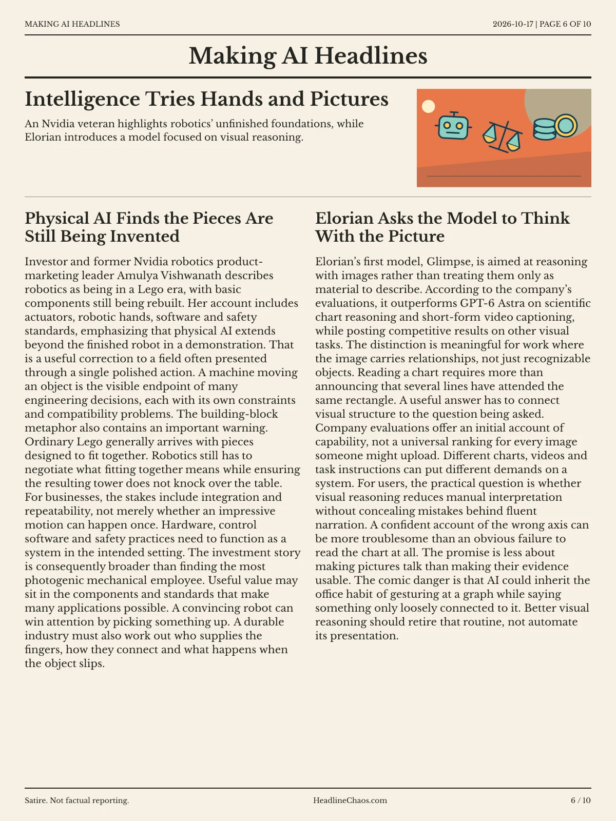 Making AI Headlines newspaper, page 6: Intelligence Tries Hands and Pictures