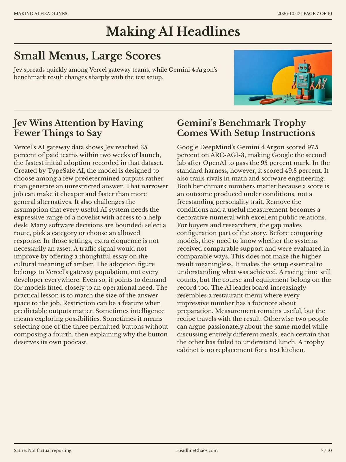 Making AI Headlines newspaper, page 7: Small Menus, Large Scores