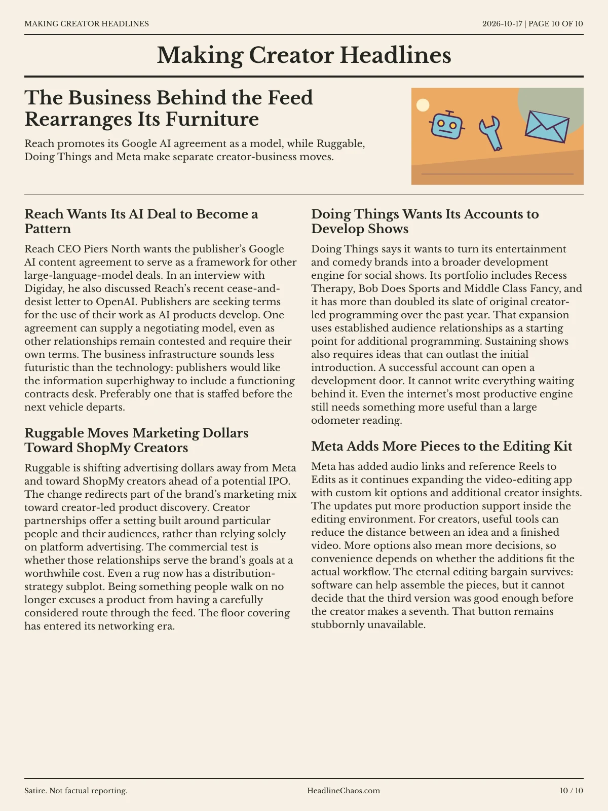 Making Creator Headlines newspaper, page 10: The Business Behind the Feed Rearranges Its Furniture