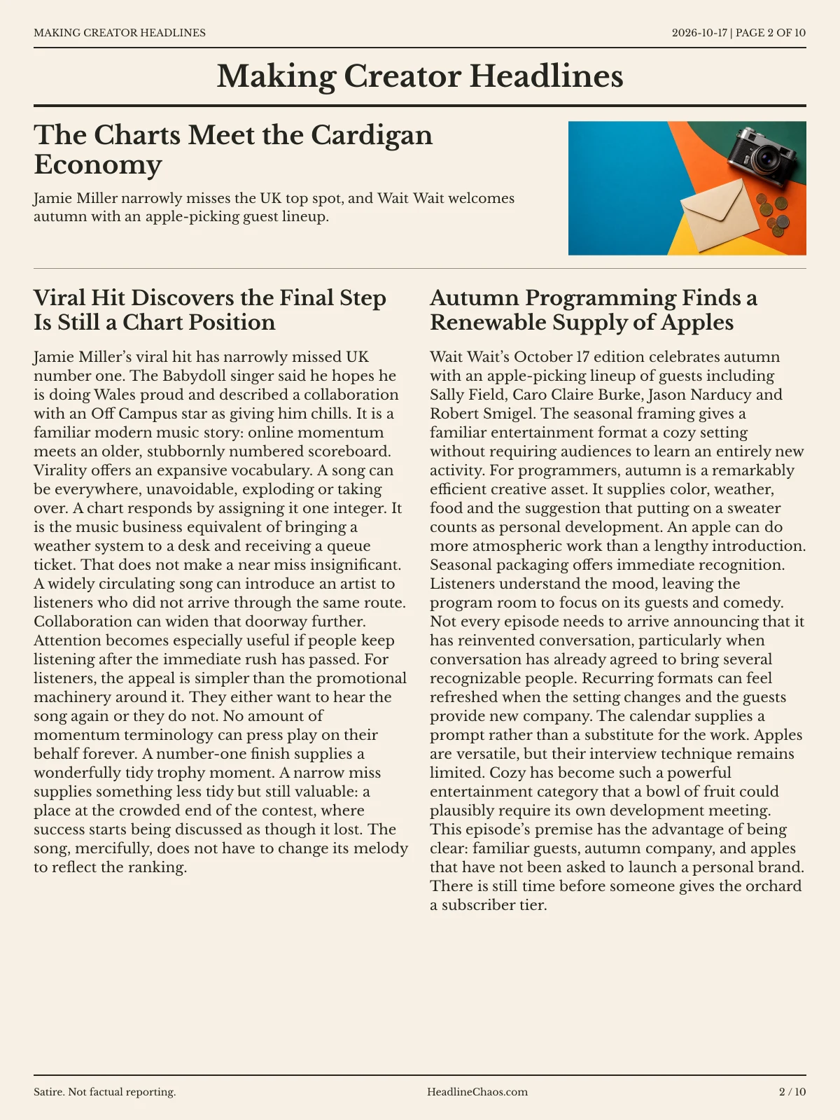 Making Creator Headlines newspaper, page 2: The Charts Meet the Cardigan Economy