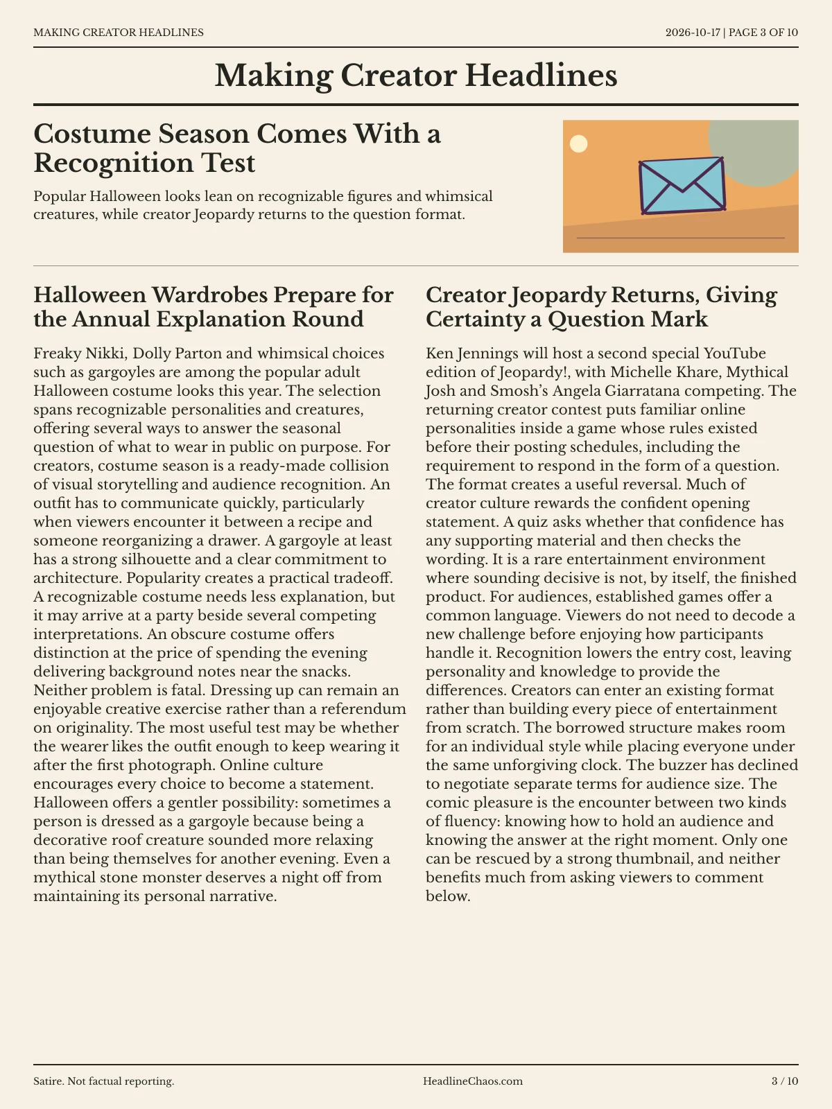 Making Creator Headlines newspaper, page 3: Costume Season Comes With a Recognition Test