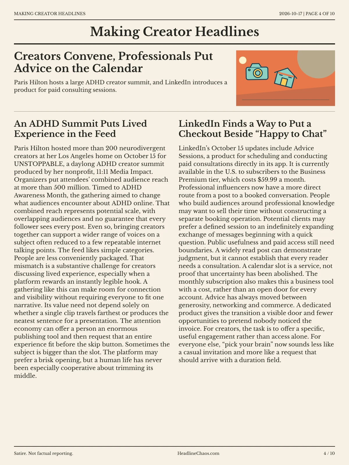 Making Creator Headlines newspaper, page 4: Creators Convene, Professionals Put Advice on the Calendar