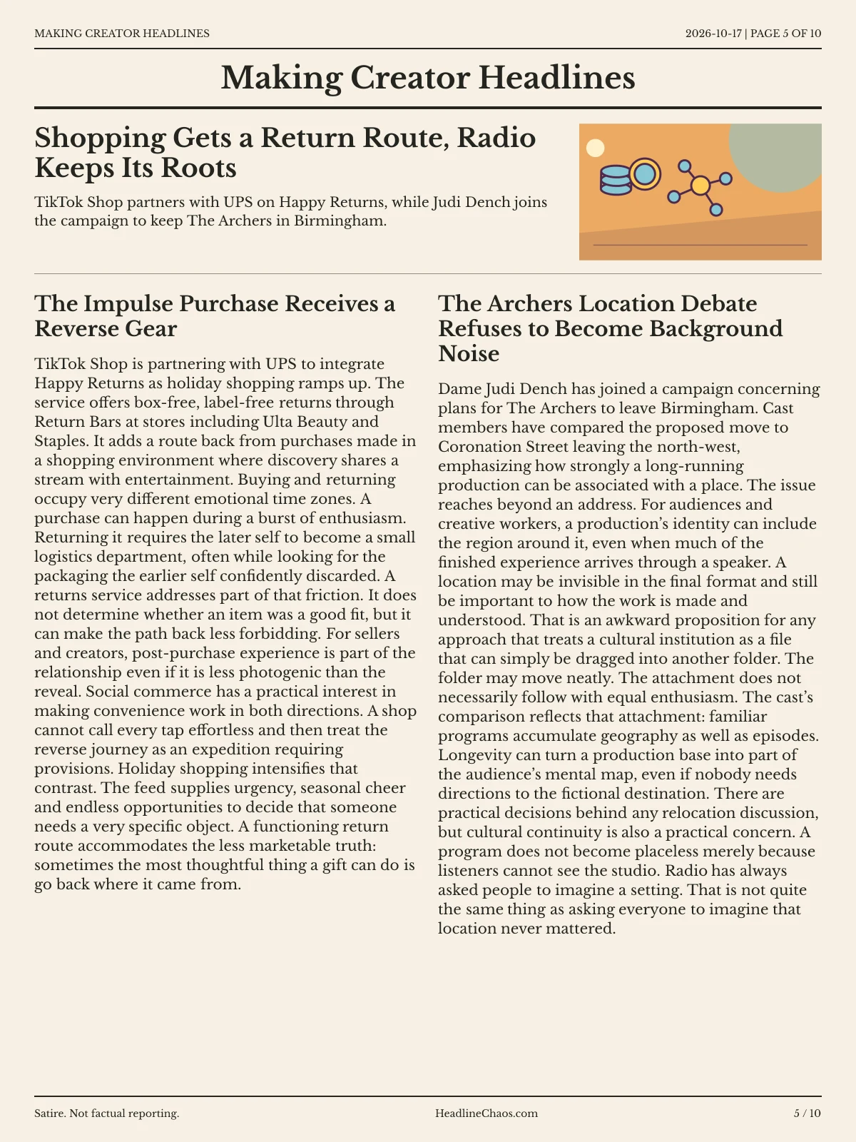 Making Creator Headlines newspaper, page 5: Shopping Gets a Return Route, Radio Keeps Its Roots