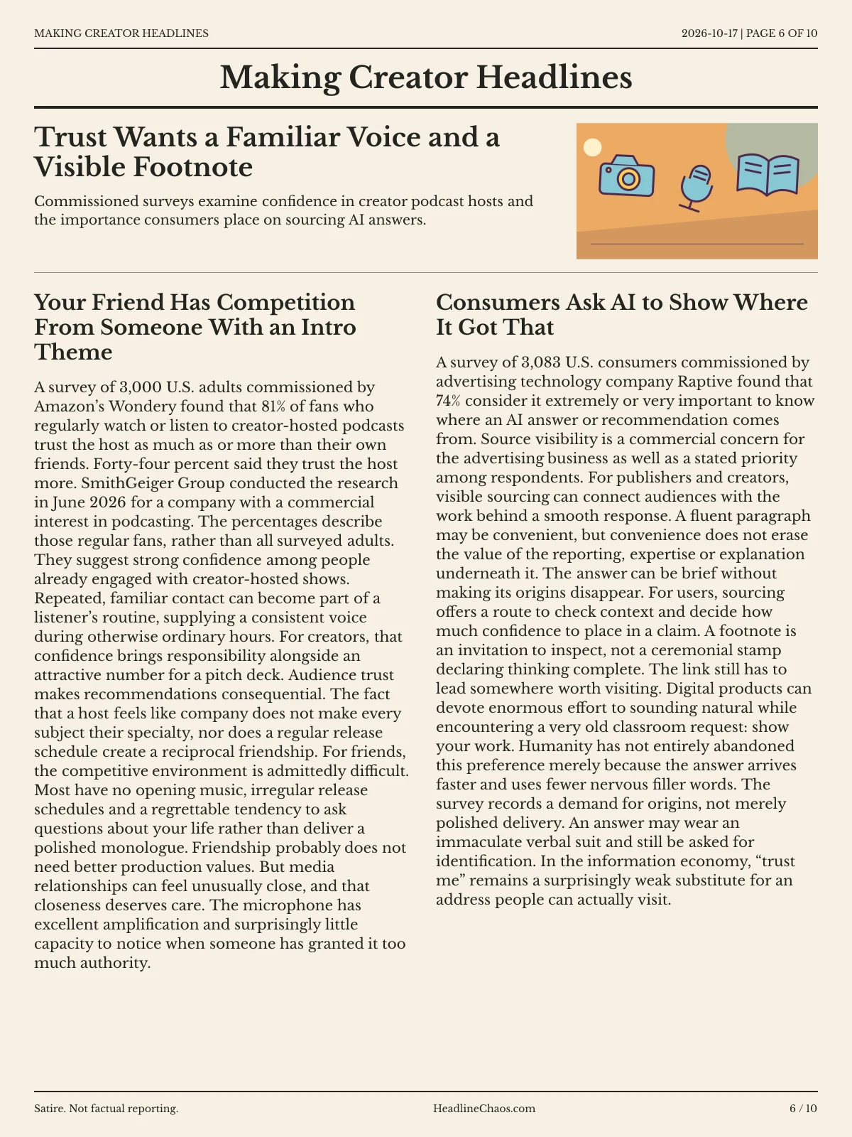 Making Creator Headlines newspaper, page 6: Trust Wants a Familiar Voice and a Visible Footnote