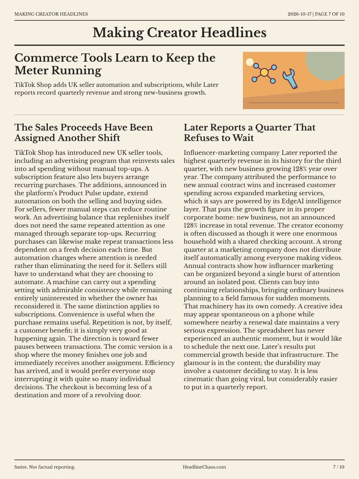 Making Creator Headlines newspaper, page 7: Commerce Tools Learn to Keep the Meter Running
