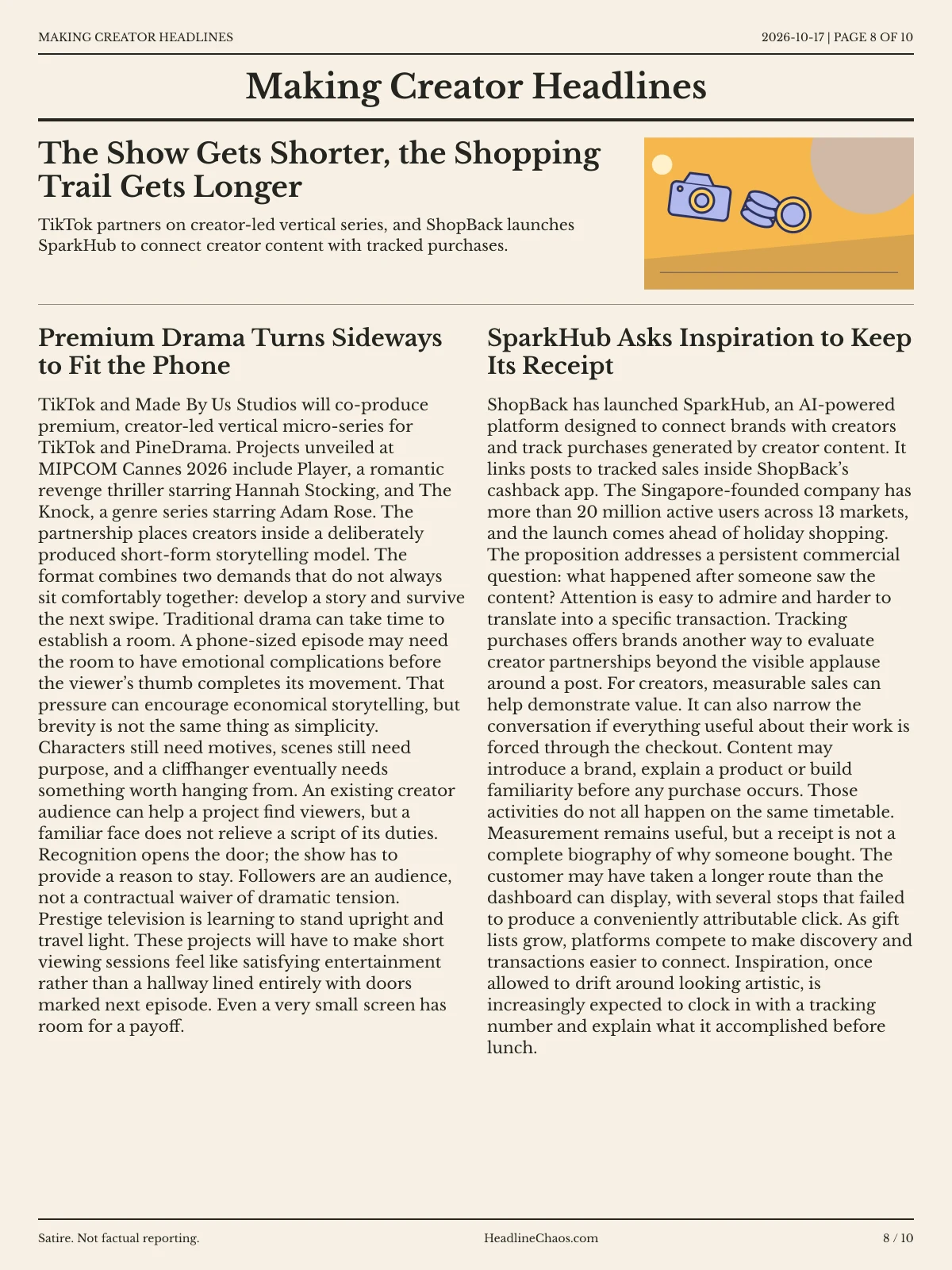 Making Creator Headlines newspaper, page 8: The Show Gets Shorter, the Shopping Trail Gets Longer