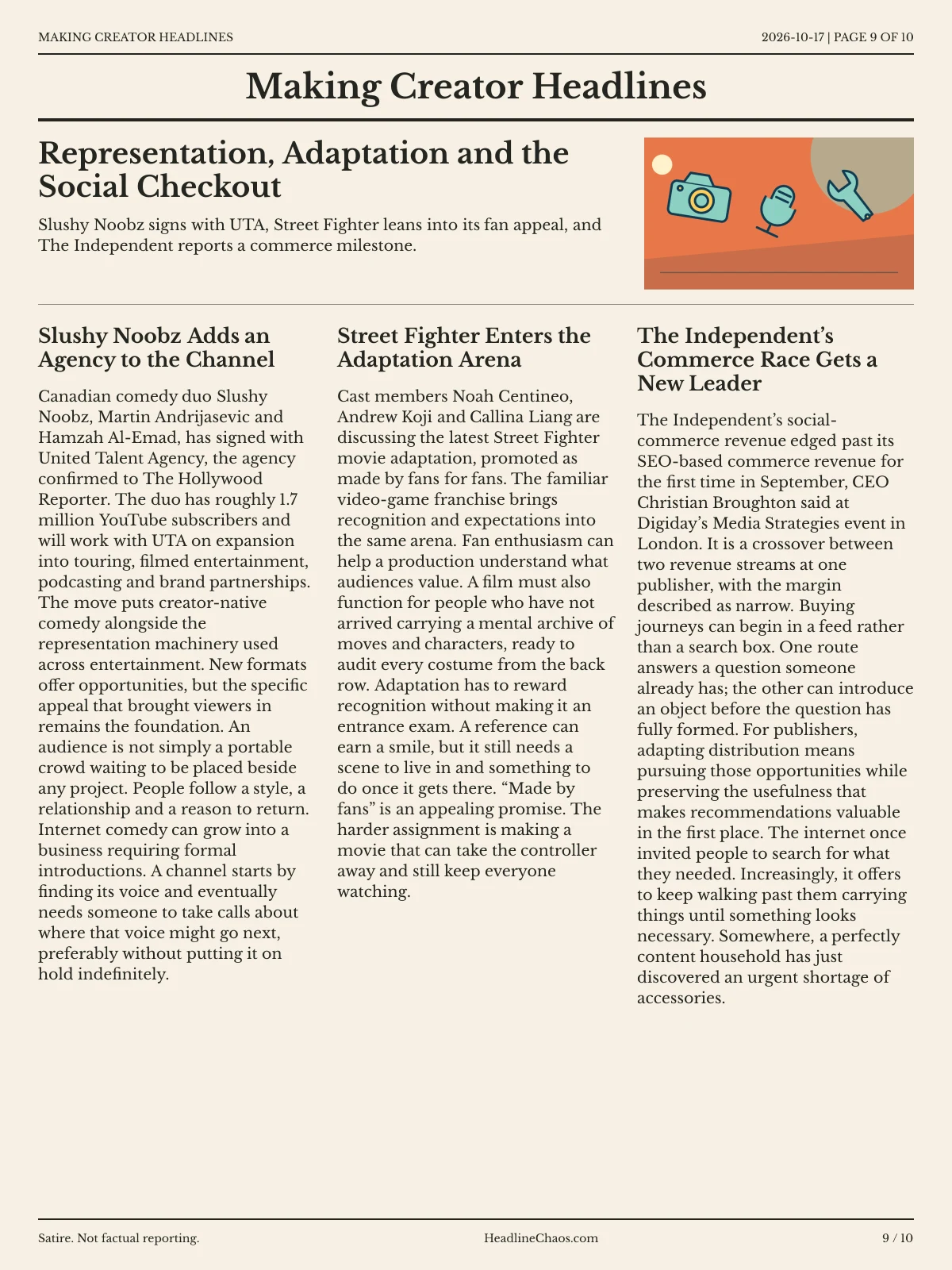 Making Creator Headlines newspaper, page 9: Representation, Adaptation and the Social Checkout