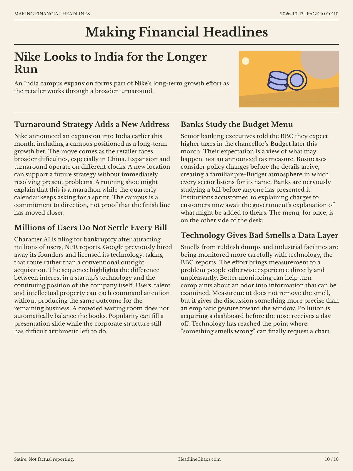 Making Financial Headlines newspaper, page 10: Nike Looks to India for the Longer Run