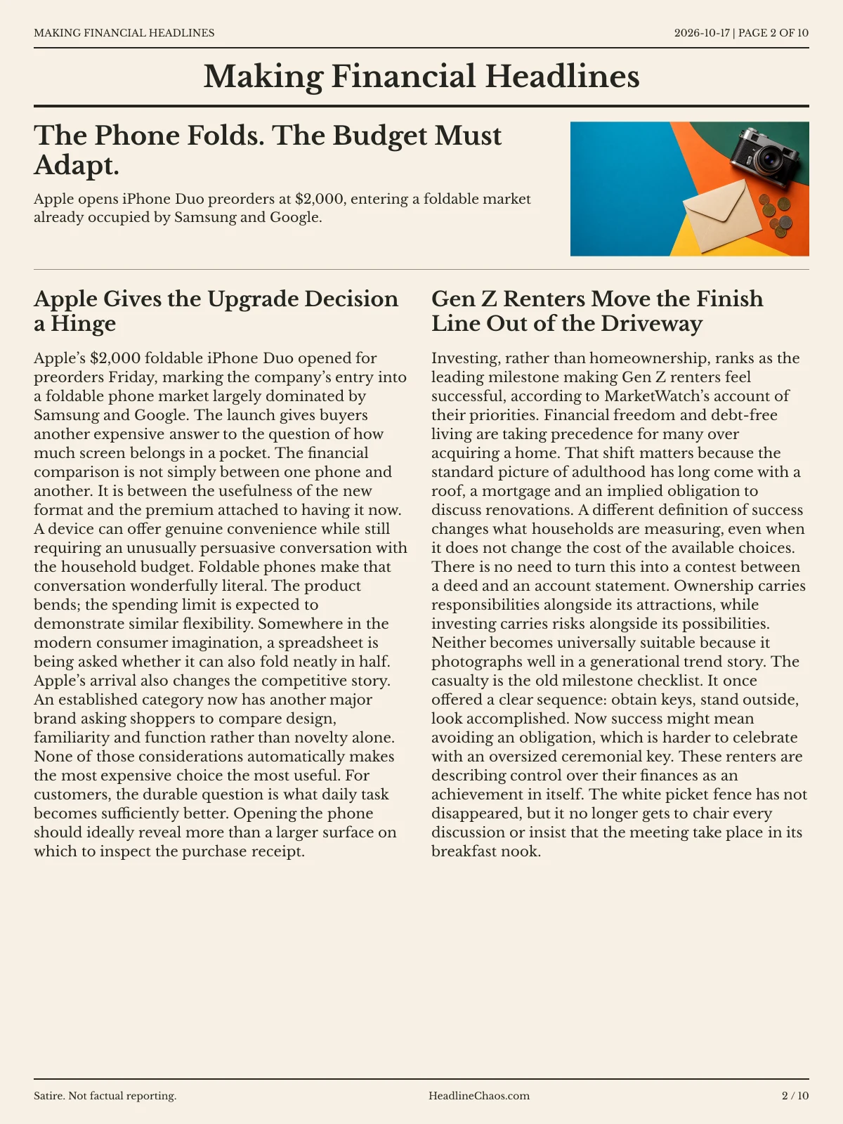Making Financial Headlines newspaper, page 2: The Phone Folds. The Budget Must Adapt.
