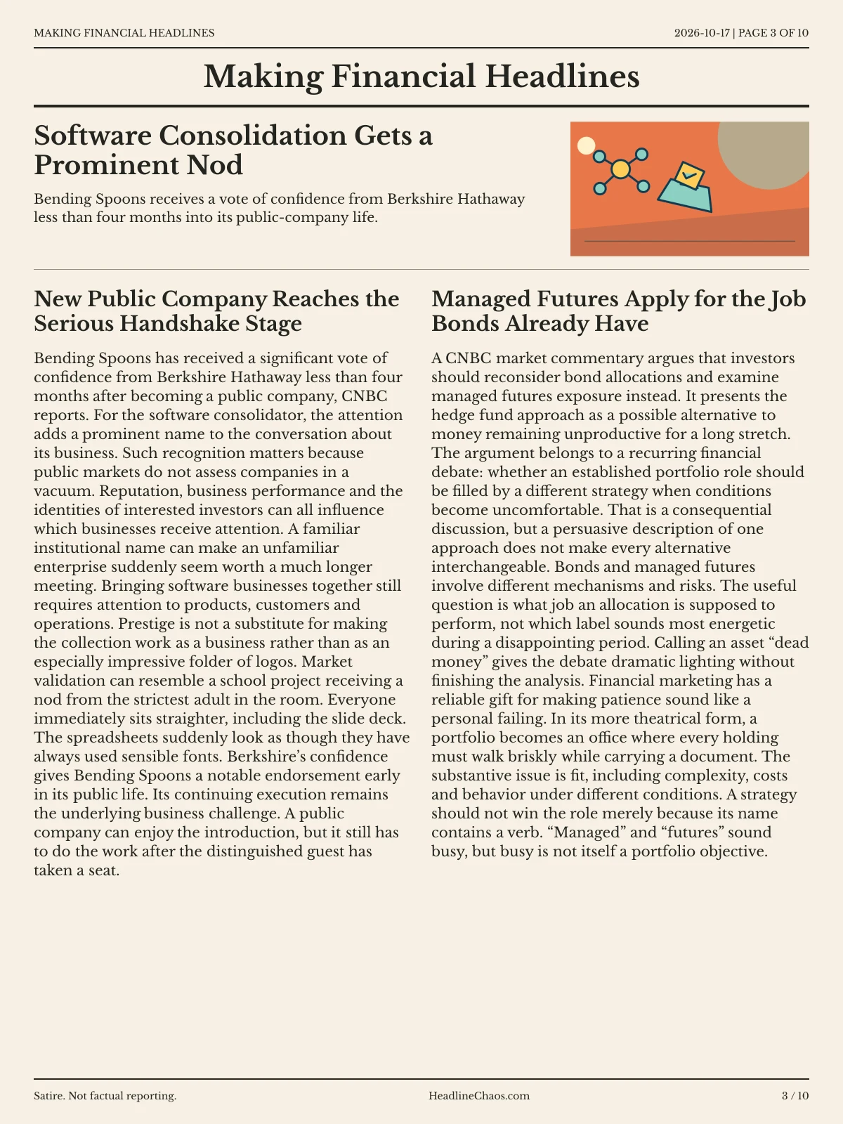 Making Financial Headlines newspaper, page 3: Software Consolidation Gets a Prominent Nod