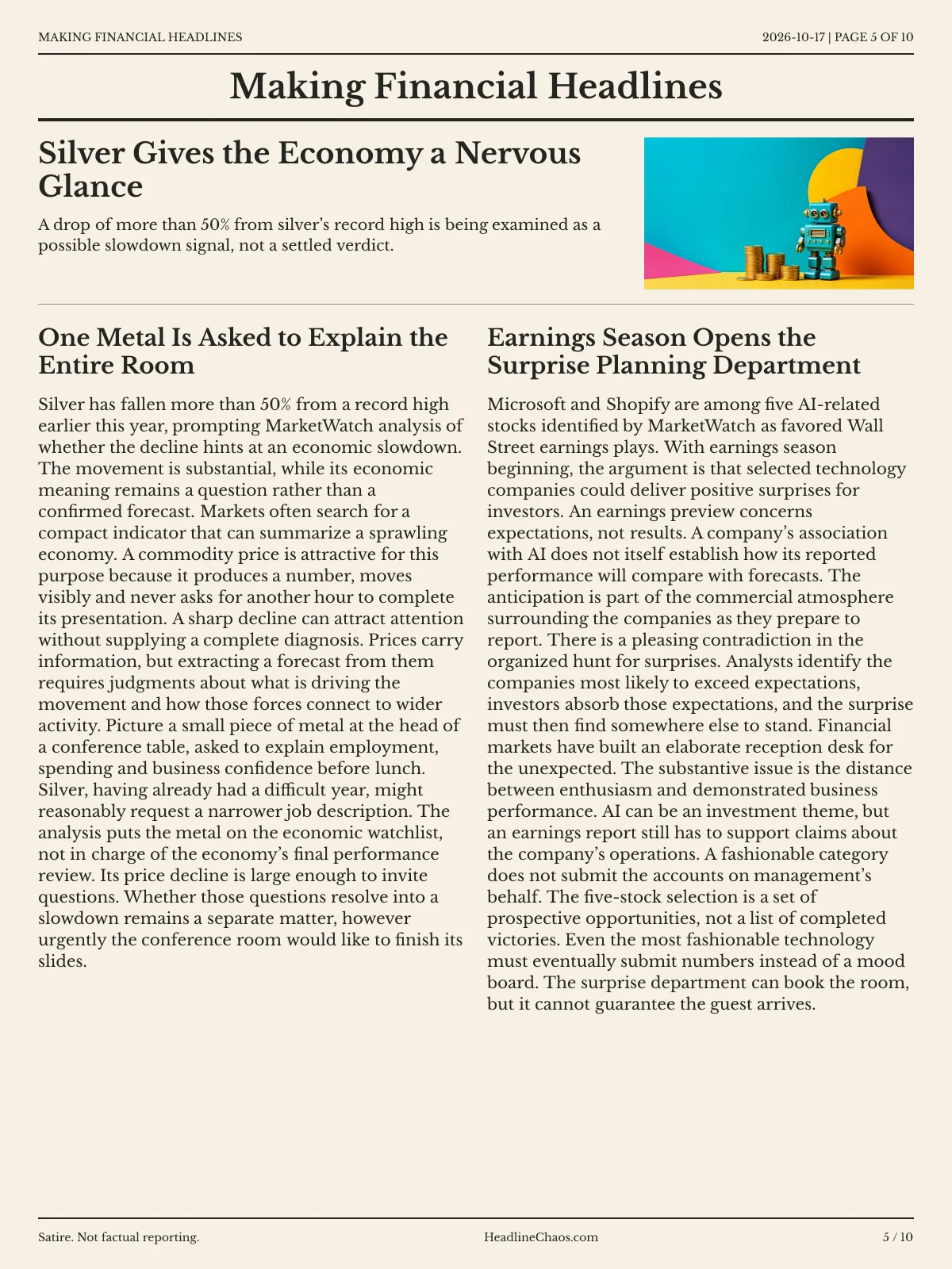 Making Financial Headlines newspaper, page 5: Silver Gives the Economy a Nervous Glance