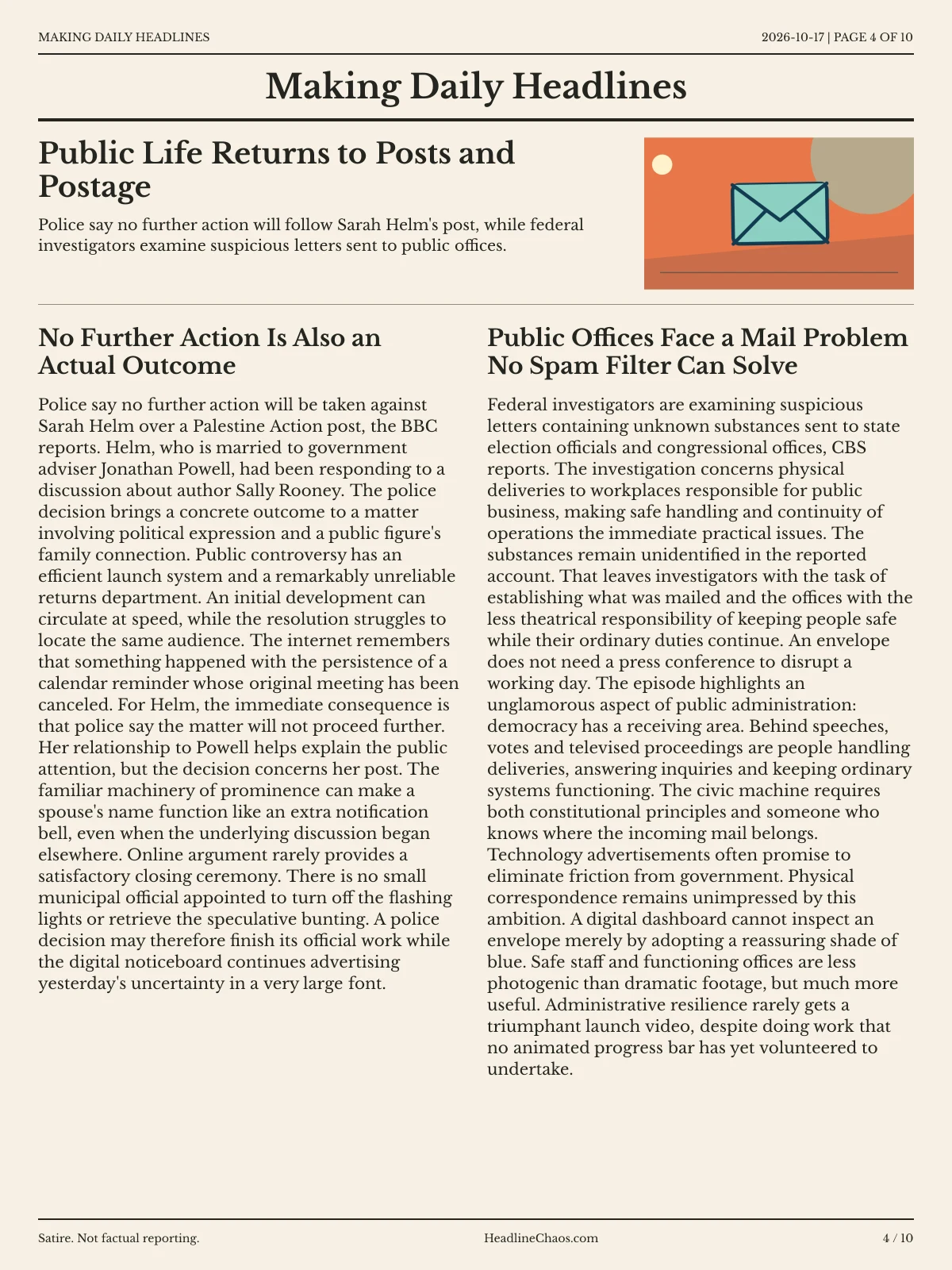 Making Daily Headlines newspaper, page 4: Public Life Returns to Posts and Postage