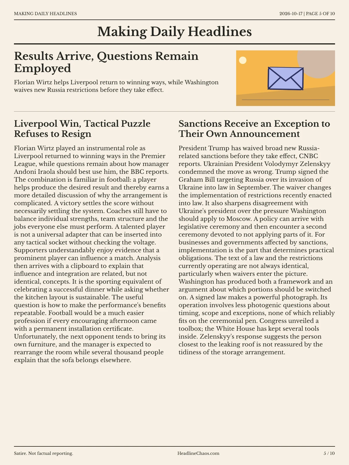 Making Daily Headlines newspaper, page 5: Results Arrive, Questions Remain Employed