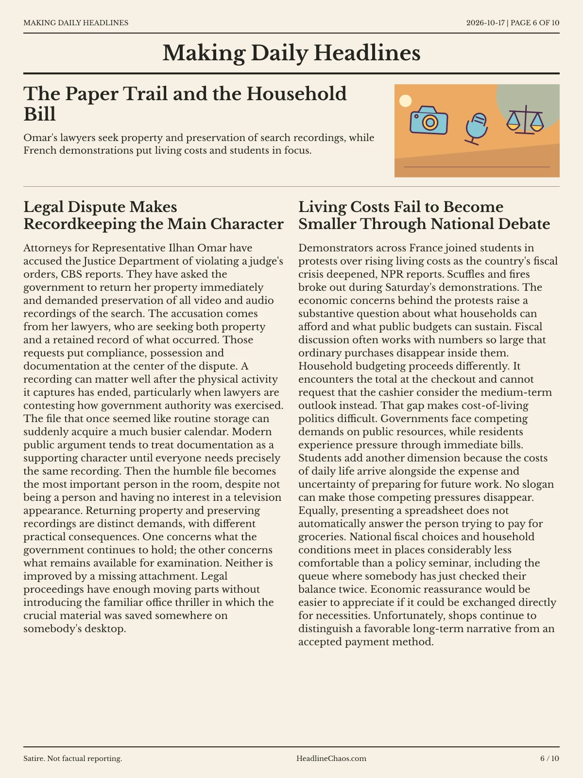 Making Daily Headlines newspaper, page 6: The Paper Trail and the Household Bill
