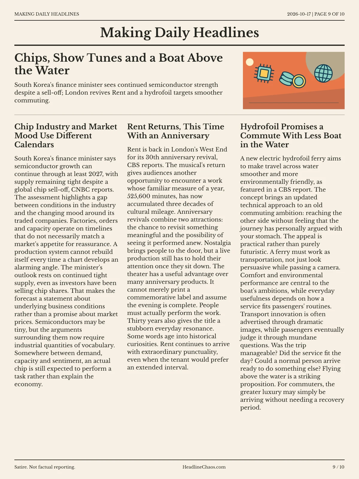 Making Daily Headlines newspaper, page 9: Chips, Show Tunes and a Boat Above the Water