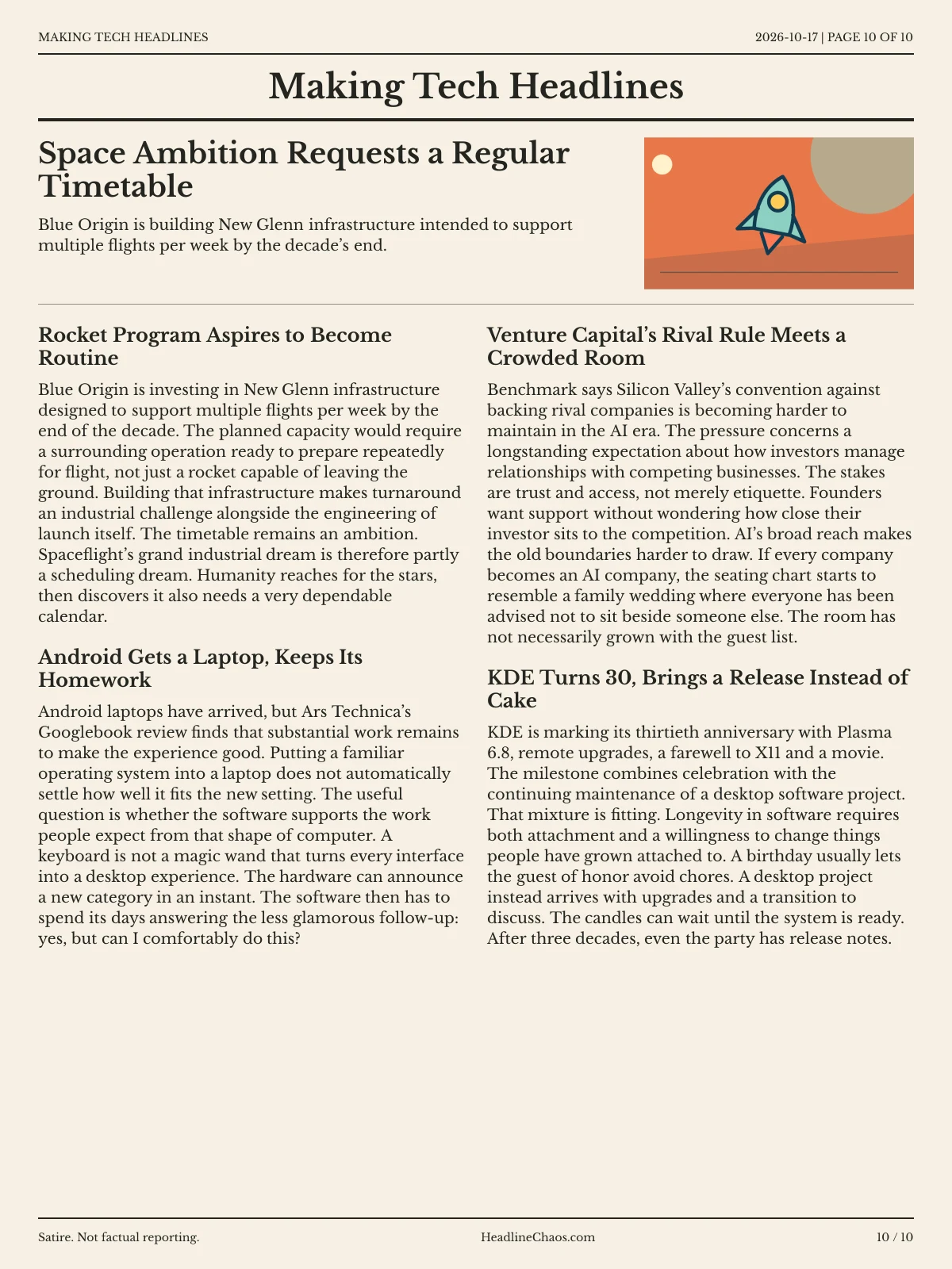 Making Tech Headlines newspaper, page 10: Space Ambition Requests a Regular Timetable