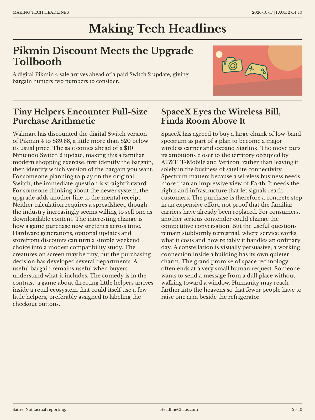 Making Tech Headlines newspaper, page 2: Pikmin Discount Meets the Upgrade Tollbooth